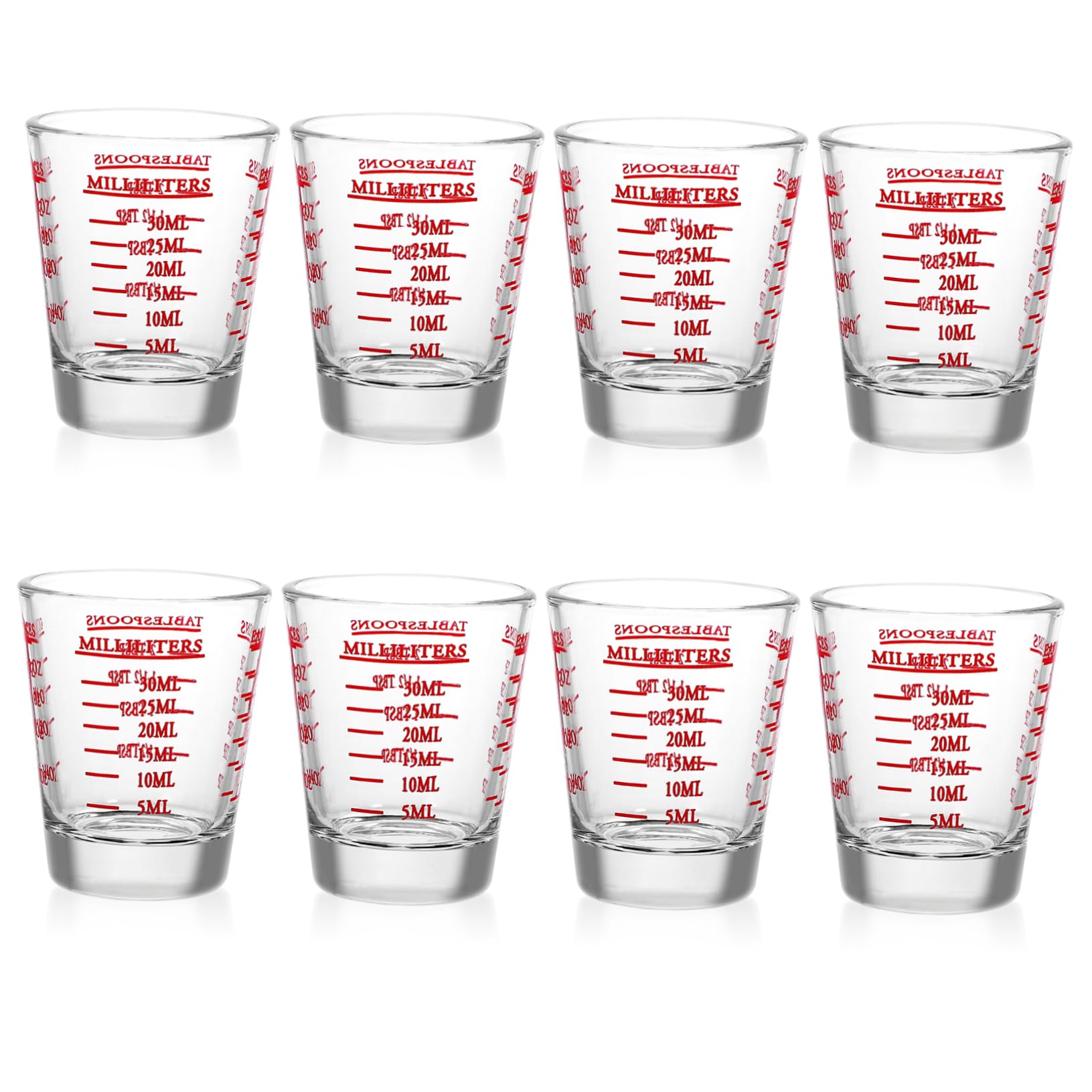 Juego de 8 Vasos Medidores de Vidrio Transparente Doble Escala y Capacidad de 30ml, Ideales para Hornear y Cocinar en Casa