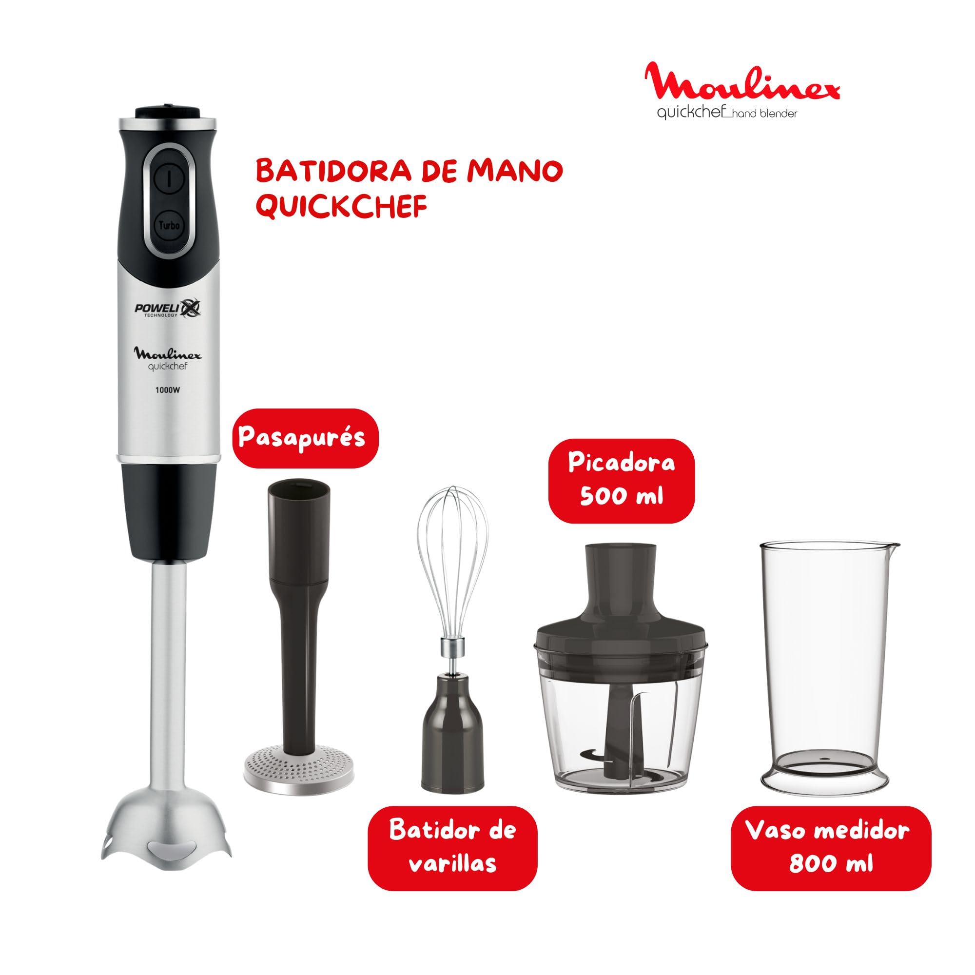 Moulinex Quickchef, Batidora de mano 1000 W con 4 accesorios, 10 velocidades, accesorio pasapuré, picadora, varillas, vaso medidor y pie metálico, cuchillas de acero robustas DD65H810