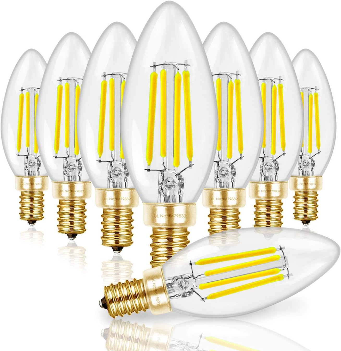 Hizashi 8 Pack 650 Lumen 5000K 6W Fully Dimmable LED Candle Light Bulbs, 90+ CRI 60W Equivalent E12 Deep Dimming B11 LED Filament Candelabra Bulbs Retro Shape, Title 20, UL Listed