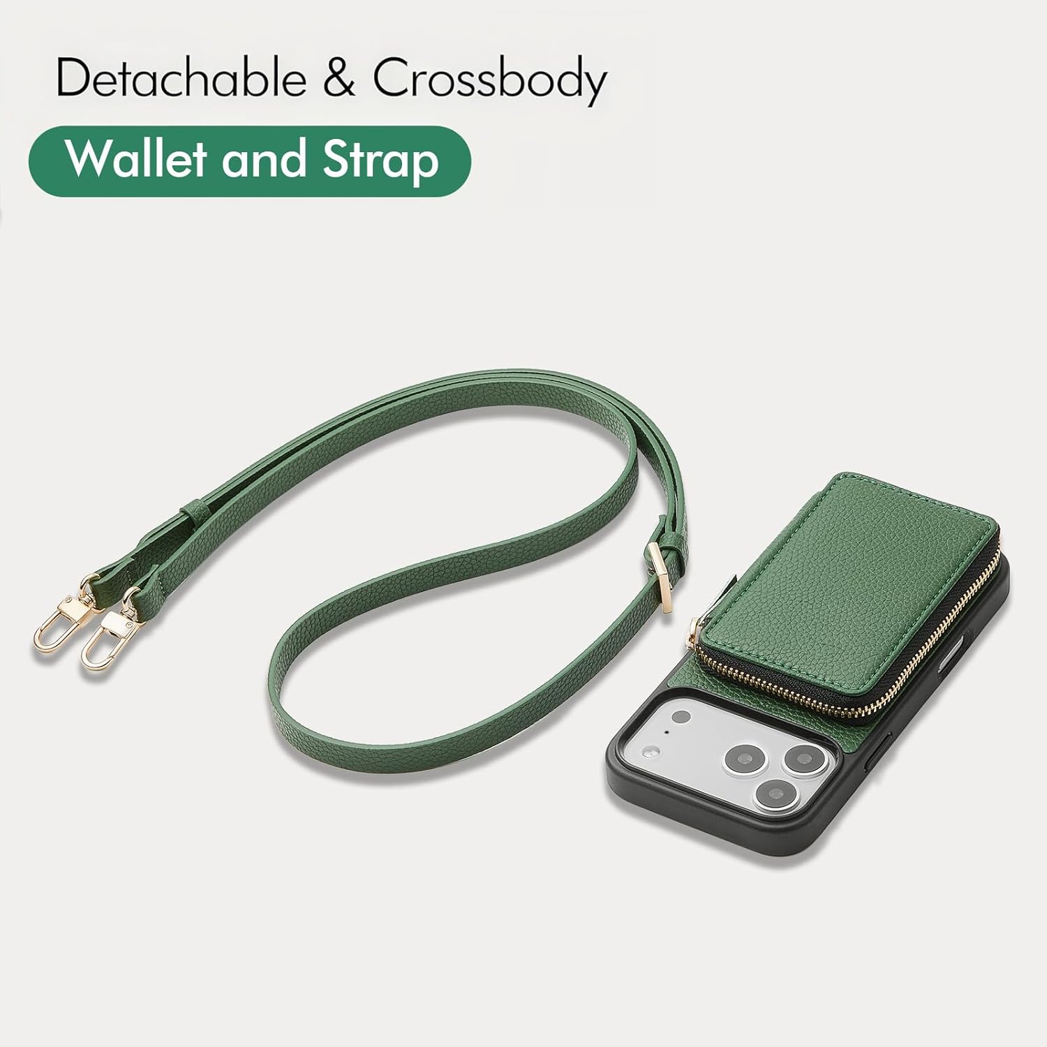 ZVE for iPhone 17 Pro Wallet Case with Card Holder, Crossbody Zipper Leather Phone Cover for Women 6.3" Dark Green - Image 9