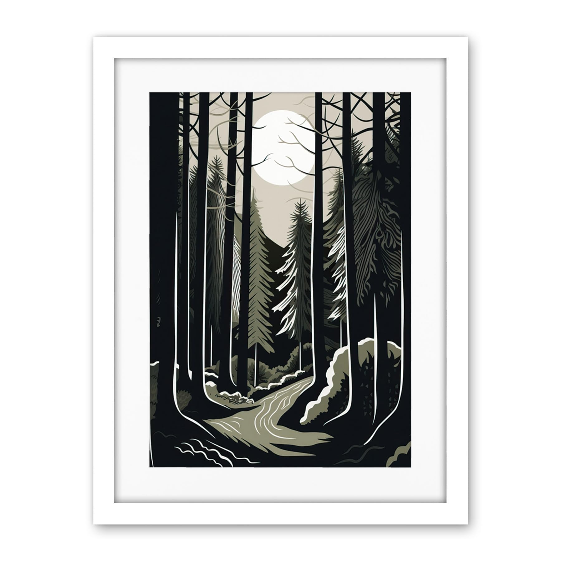 Artery8 Full Moon Night at Pine Forest Landscape Linocut Artwork Framed Wall Art Print 18X24 Inch