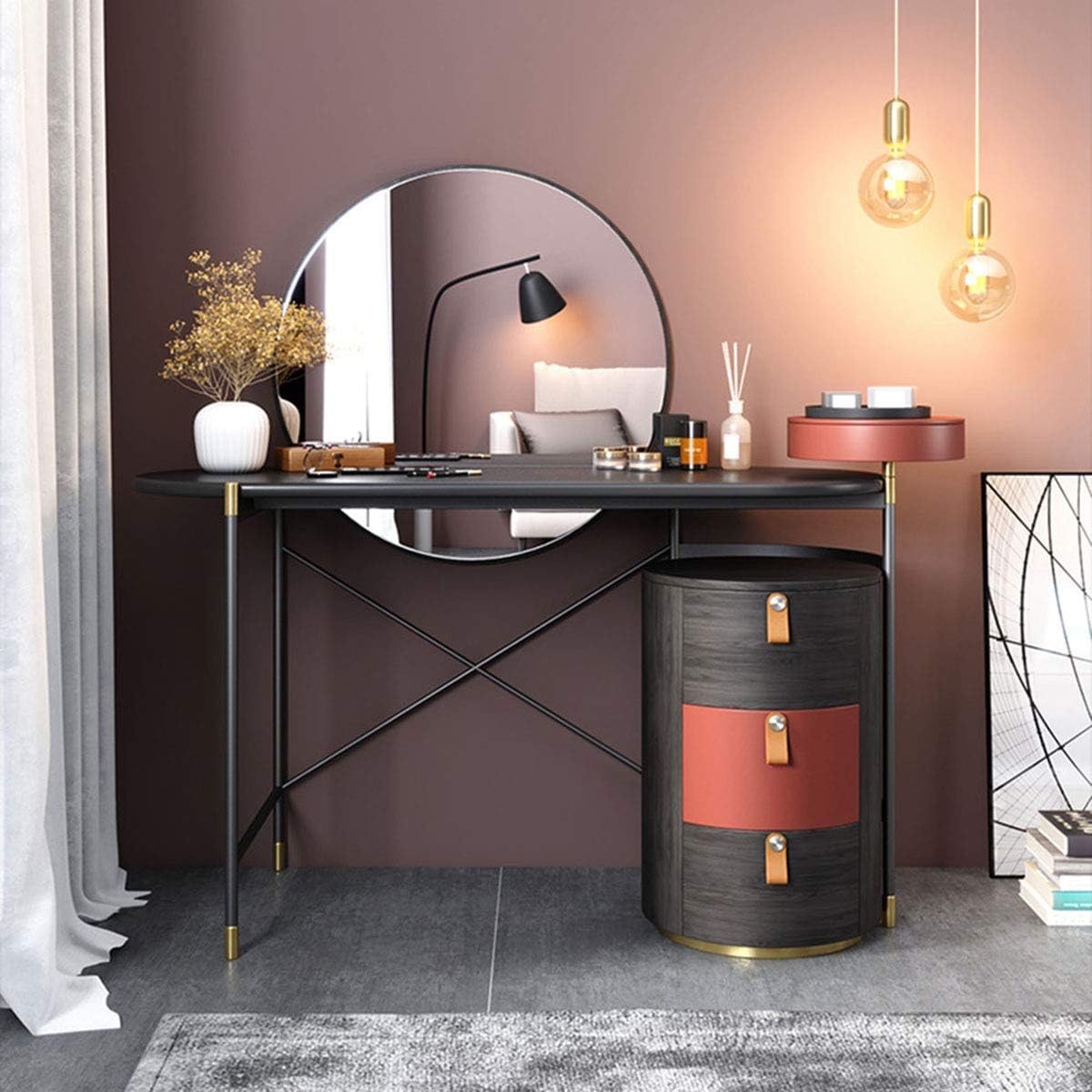 Vanity Table Set with Round Mirror and Storage Cabinet Elegant Makeup Vanity Dressing Table for Girls Women Bedroom Vanity Desk Furniture Easy to Assemble