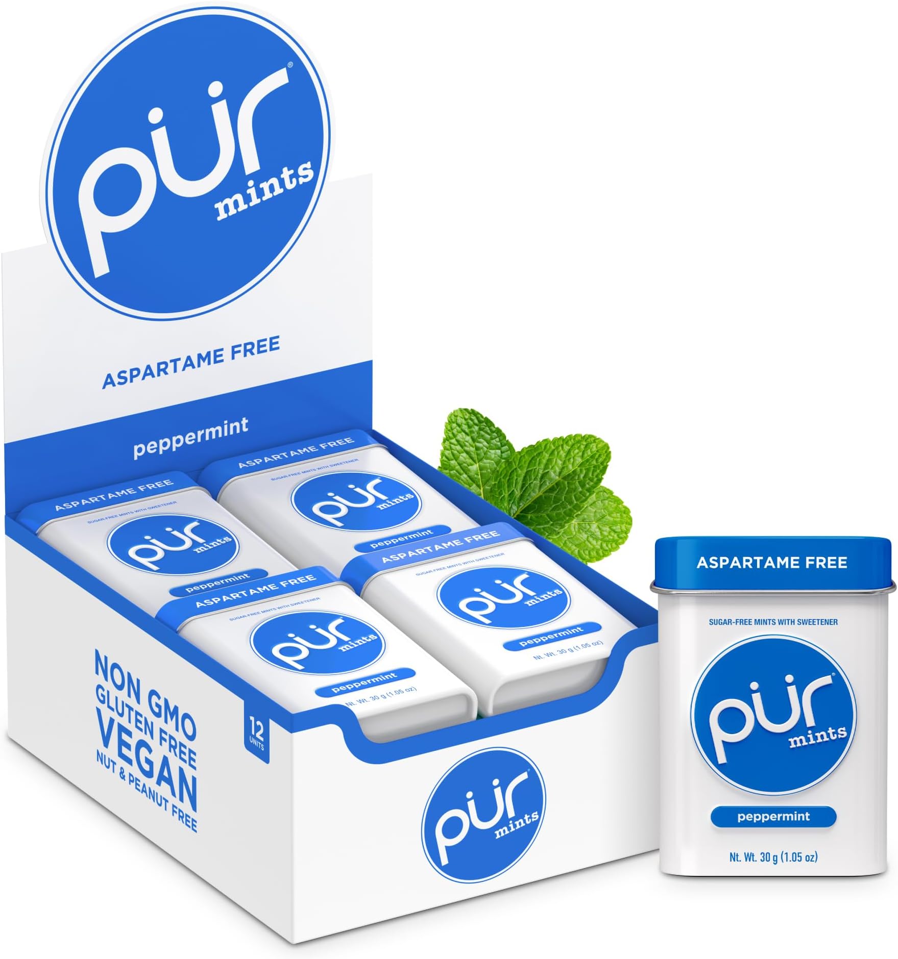PUR Aspartame Free Mints, Made with Xylitol, Sugar Free, Vegan, Gluten Free and Keto Friendly, Natural Peppermint Flavoured Mints, 30 Pieces, Pack of 12