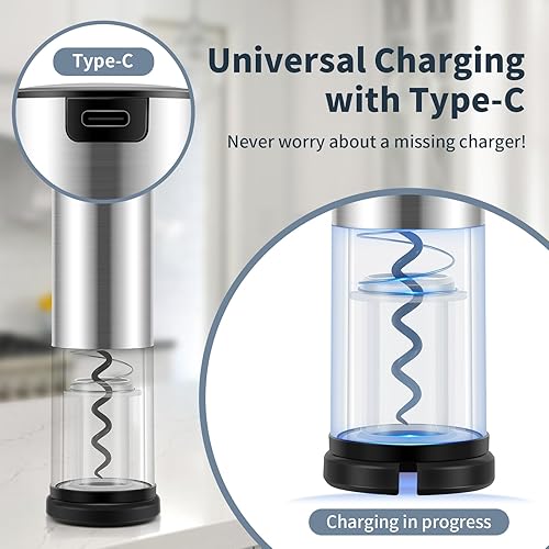 Miniatura 4 de QIKPCK Abridor de vino eléctrico con carga USB-C, abrebotellas de vino eléctrico con acabado de acero inoxidable, abrelatas de vino eléctrico