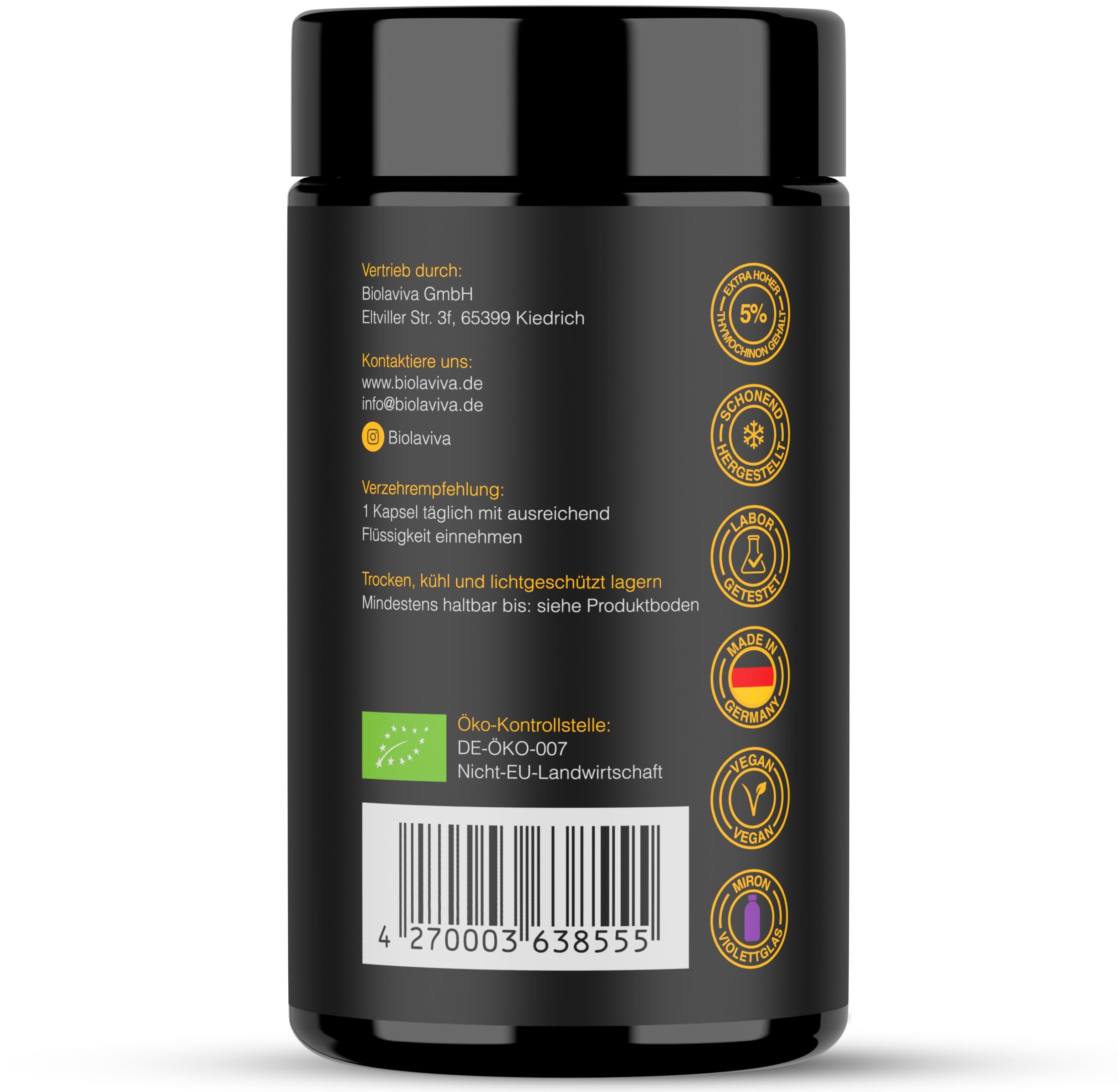 Premium BIO Schwarzkümmelöl Kapseln hochdosiert – 5000 mg Thymochinon – 3 x 60 vegane Kapseln 6-Monats-Vorrat – Nigella sativa, laborgeprüft & in Deutschland hergestellt–lichtgeschütztes Violettglas