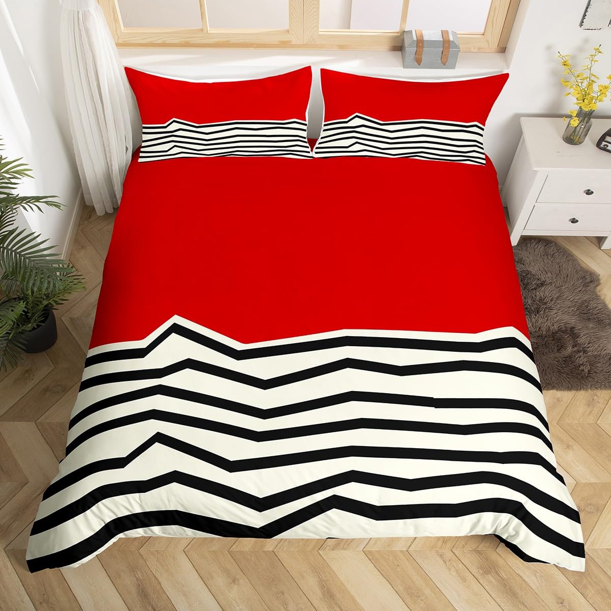 Homewish Red White Geometric Double Size Duvet Cover Set - Abstract Black Wavy Striped Bedding Set for Boys Girls - Mid-Century Stripe Printed Microfiber Quilt Cover Modern Art Deco Bed Sets