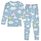 ALAZA Hand-drawn Clouds and Stars Blue Pajamas Set Snug-fit Long Sleeve Sleepwear&comma;18 M
