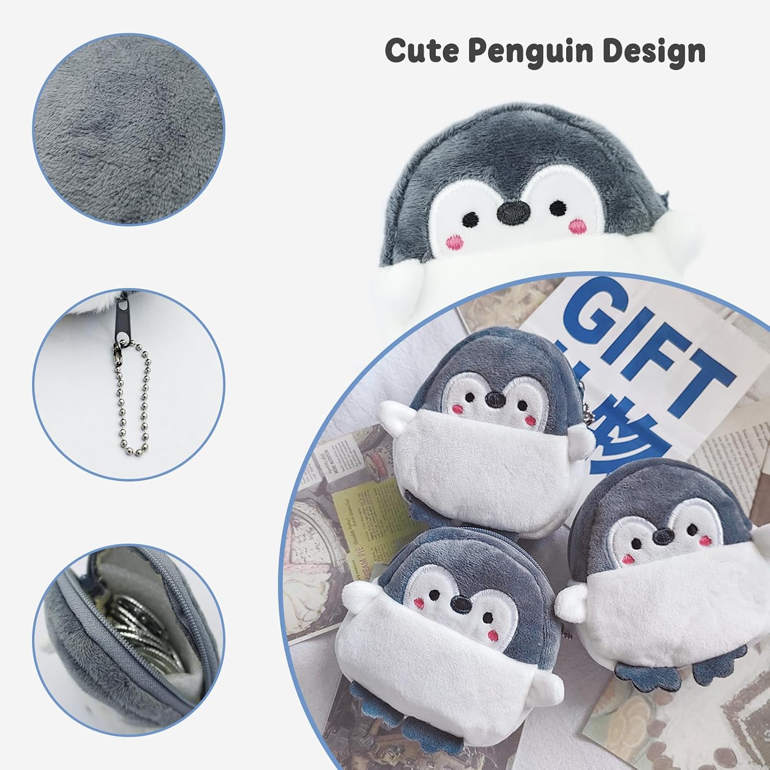 Coin Purse, 2PCS Plush Coin Pouch Cute Coin Holder for Women, Penguin-Shaped Change Purse with Keychain and Zipper for Shopping, Traveling, Dating, Walking (penguin)