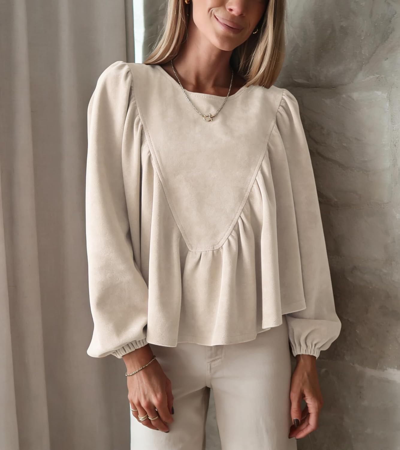 Women's Peplum Babydoll Top Casual Faux Suede Blouse Loose Lantern Sleeve Back Button Shirts