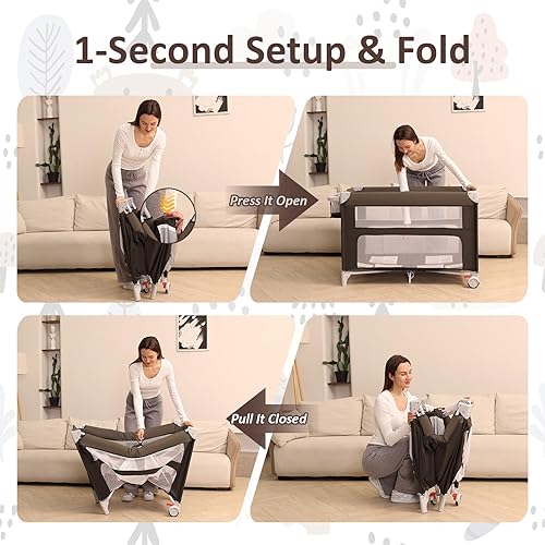Miniatura 6 de Cuna plegable para bebé, paquete 5 en 1, cama de noche con corral, incluye colchón, cambiador, mosquitero, móvil giratorio y almacenamiento para