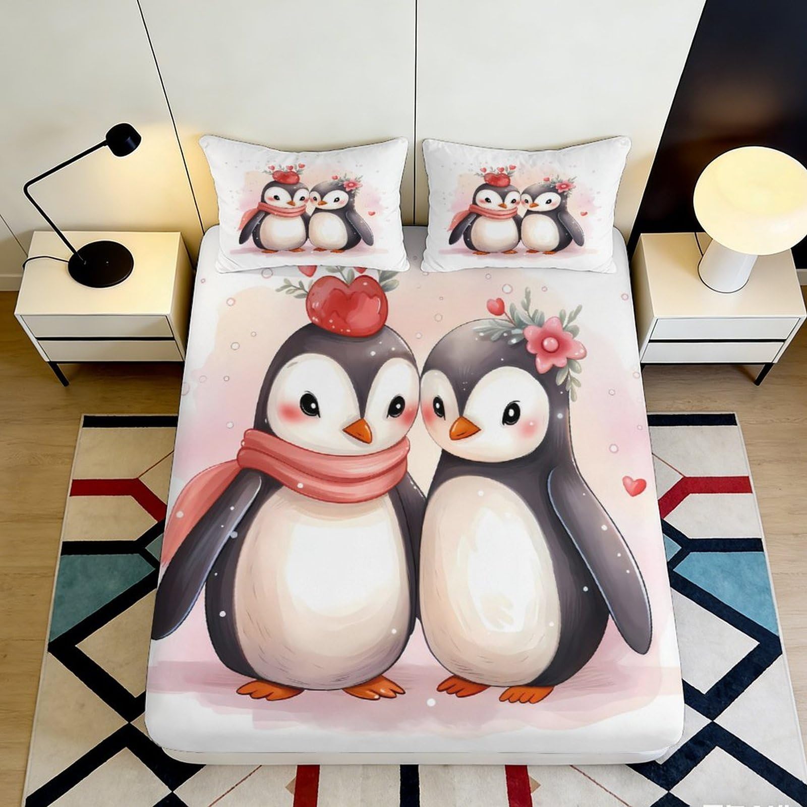 3D Printed Cartoon Penguin Fitted Sheet Microfiber Soft Pink Romantic Penguin Bed Cover for Bedroom Dorm Mattress Decor 90x200x25cm