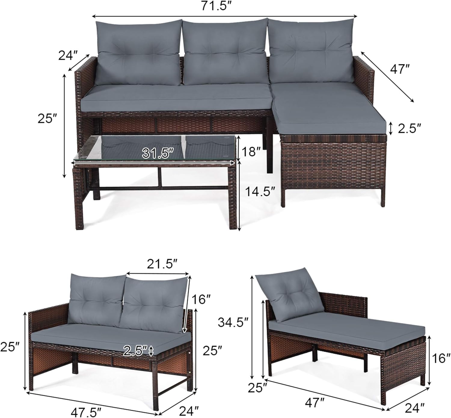 DORTALA Wicker Patio Furniture Set Couch 3 Piece, L-Shaped PE Rattan Outdoor Sectional Sofa Conversation Set with Loveseat, Lounge and Tempered Glass Coffee Table for Garden Lawn Deck, Grey