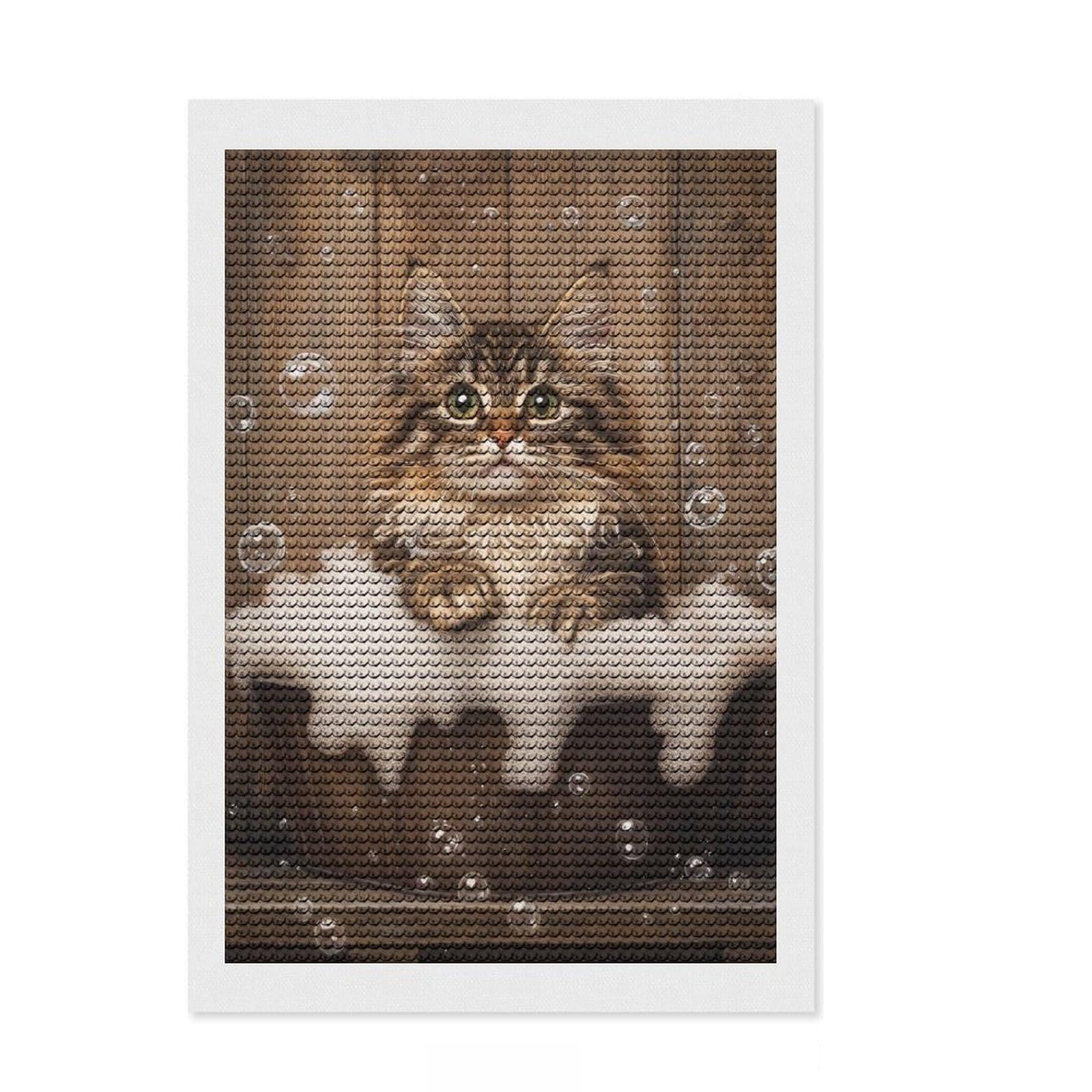 Junmoney Maine Coon Bubble Bath DIY Diamond Art Canvas Kit 8"x12", Enjoyable At-Home Hobby, Creative Leisure Activity, Home Wall Decor