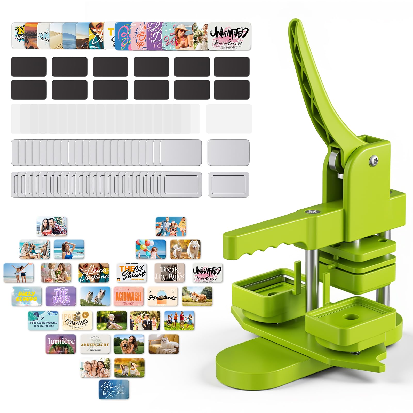 Buttonmaschine Kühlschrankmagneten 60 * 40 mm Abzeiche mit 100-teiligem rechteckiger Kühlschrankmagnet Buttonpresse Set mit Regenbogenfolie für Bastel- und DIY-Projekte