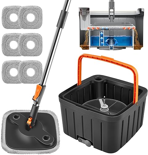 Juego de trapeador giratorio, juego de trapeador giratorio y cubo con separación automática sucio y limpio, altura ajustable, 6 almohadillas