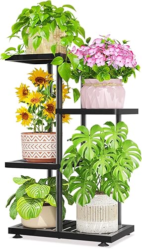 LASZOLA Soporte de 3 niveles para plantas para interiores y exteriores para macetas grandes y resistentes, estante alto de metal negro para flores