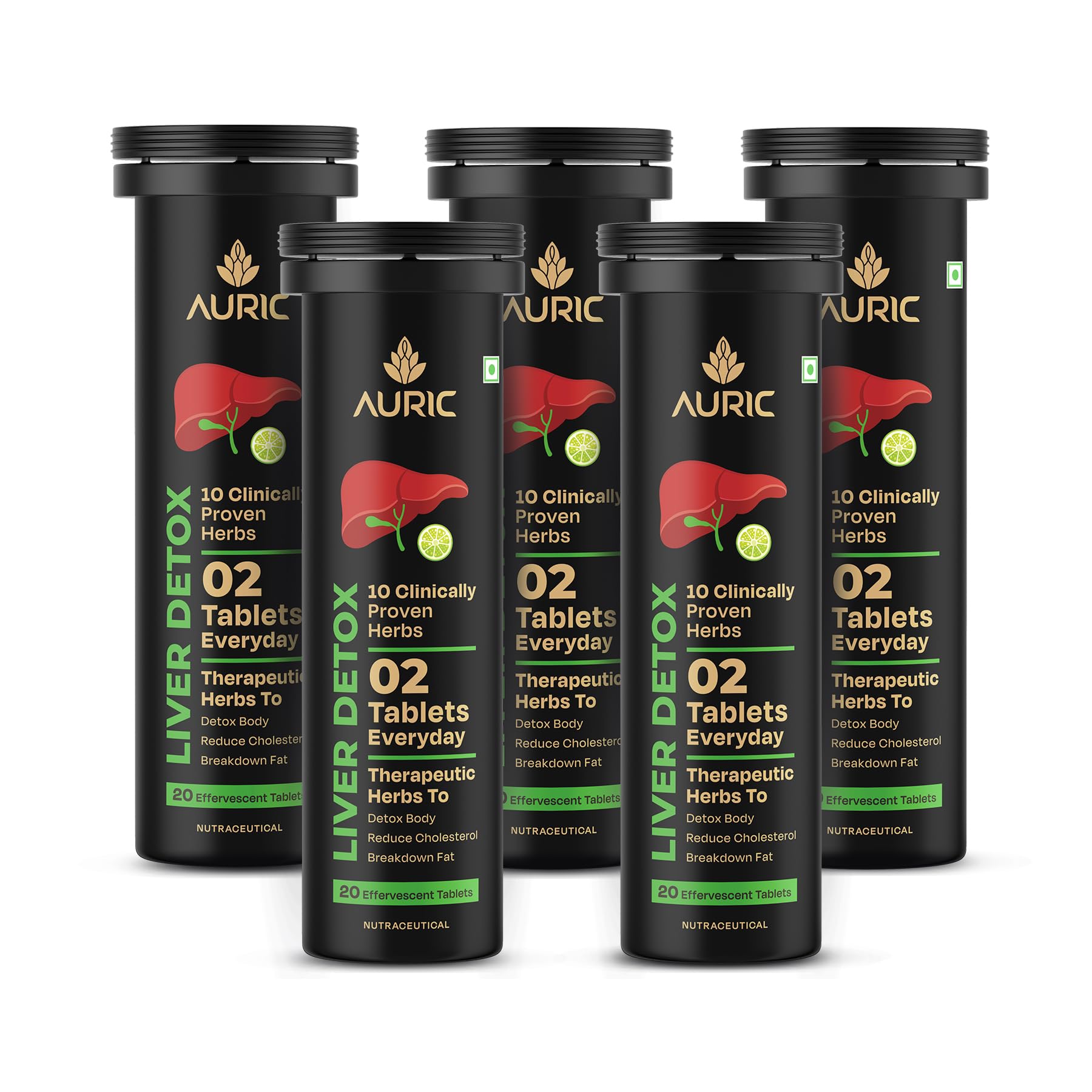 Auric Liver Detox Supplement | 100 Tablets Fizzy Water with 10 Ayurvedic Herbs | Clinically Researched Therapeutic Ingredients | Drop, Dissolve, Fizz, Drink