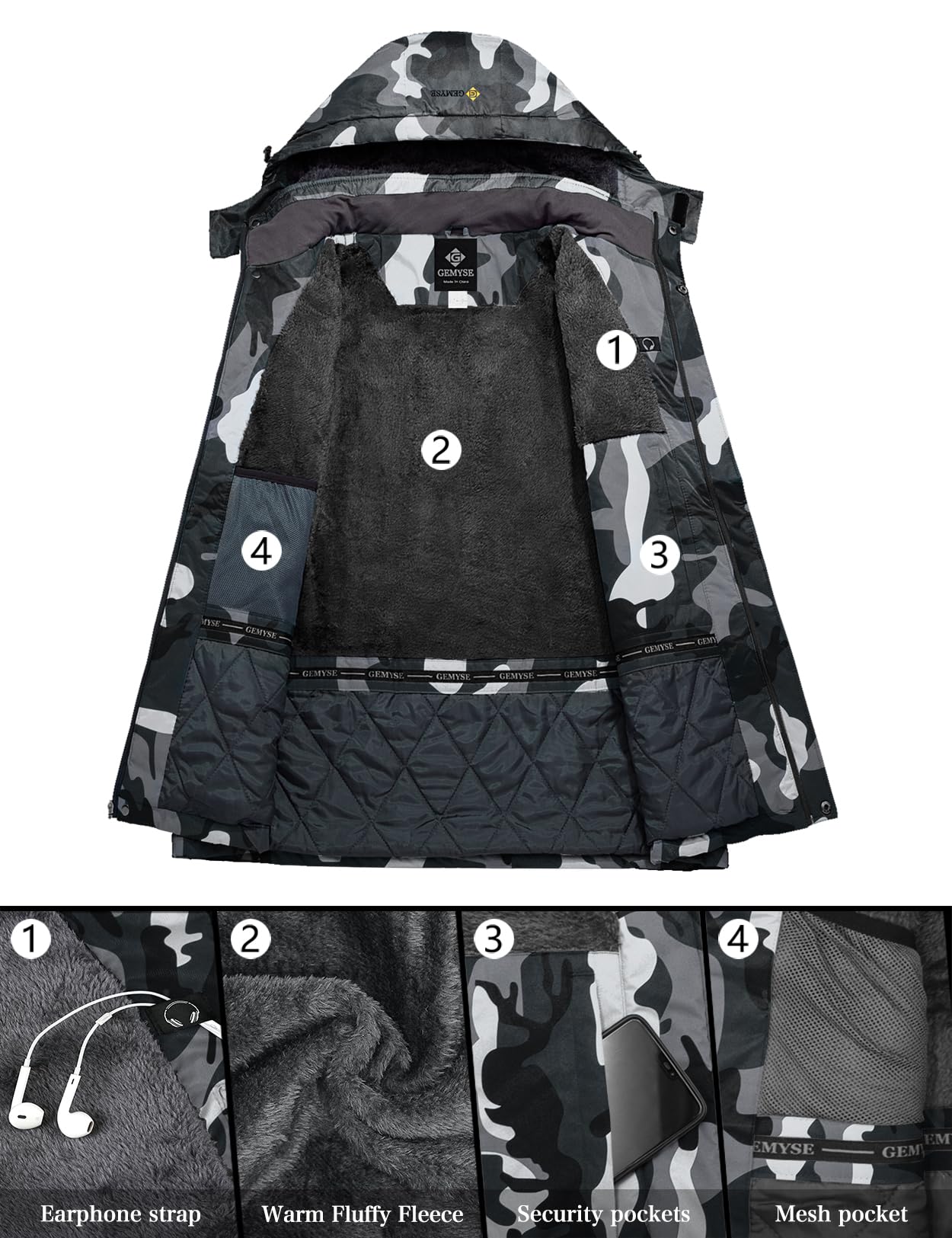 GEMYSE Uomo Giacca da Sci impermeabile montagna Giacche Pile invernale antivento Cappotto con Cappuccio