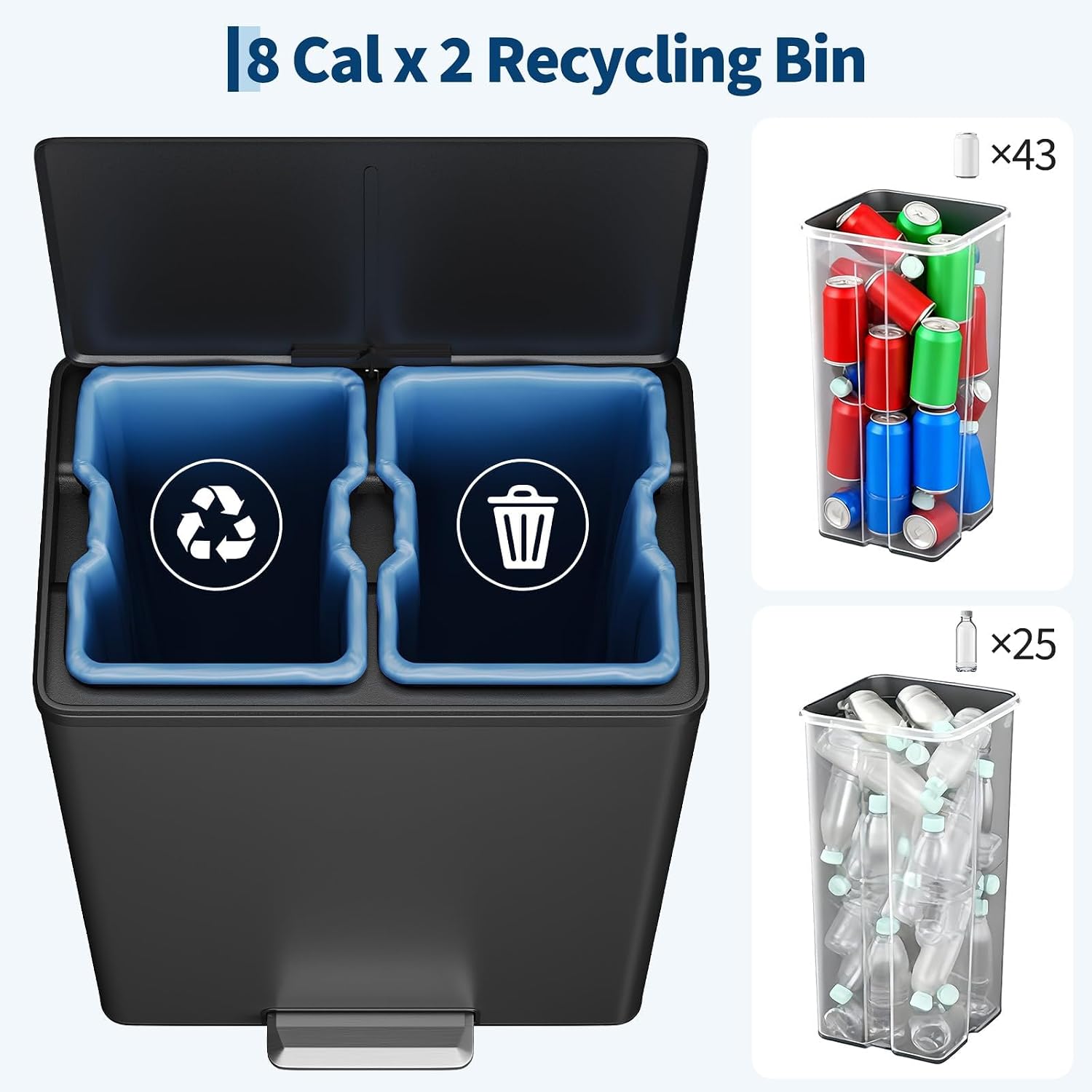 Jojoka Dual Trash Can for Kitchen Recycling and Trash, 16-Gallon Stainless Steel Double Garbage Bin with Lid and Foot Pedal, Soft Close, Removable Compartments for Waste Separation, Home Organization
