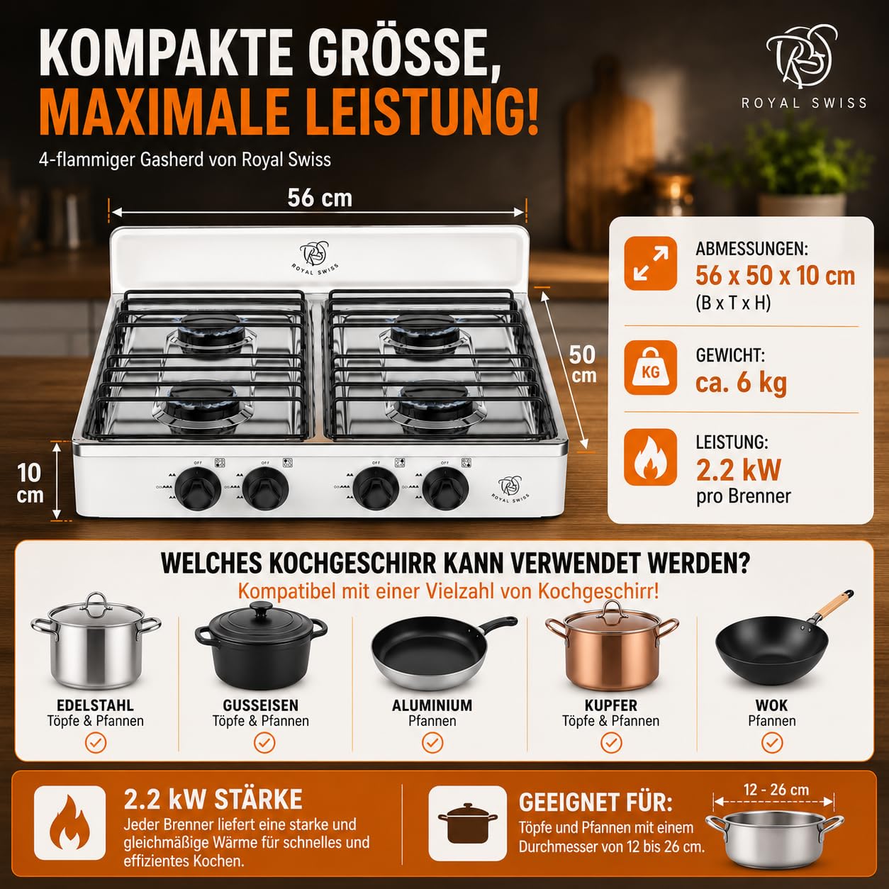 Royal Swiss 4-flammiger Gasherd AOTE-6004, LPG Kochfeld mit Aluminium-Druckgussbrennern, Tragbarer Gaskocher für Butan Propan, Metallgehäuse, Zündung, Camping Garten Balkon