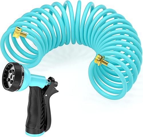 SPECILITE Manguera de jardín de 10 pies, manguera de agua retráctil flexible con pulverizador de función de 8 patrones, manguera plegable en espiral