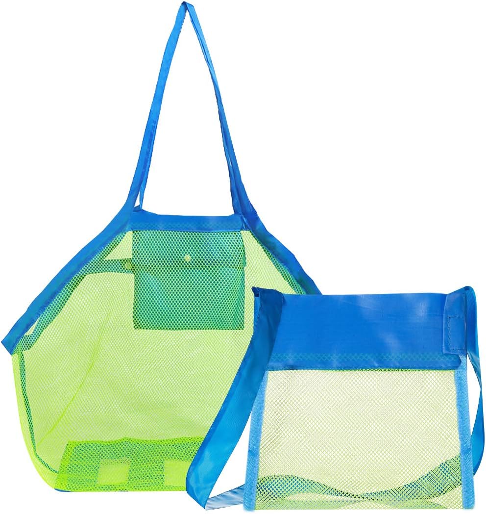 Hibery Beach Mesh Bag Tote, 2 Pack Mesh Beach Bags for Swimming Equipment & Children's Toys Storage & Other Beach Items (Large & Small Size)