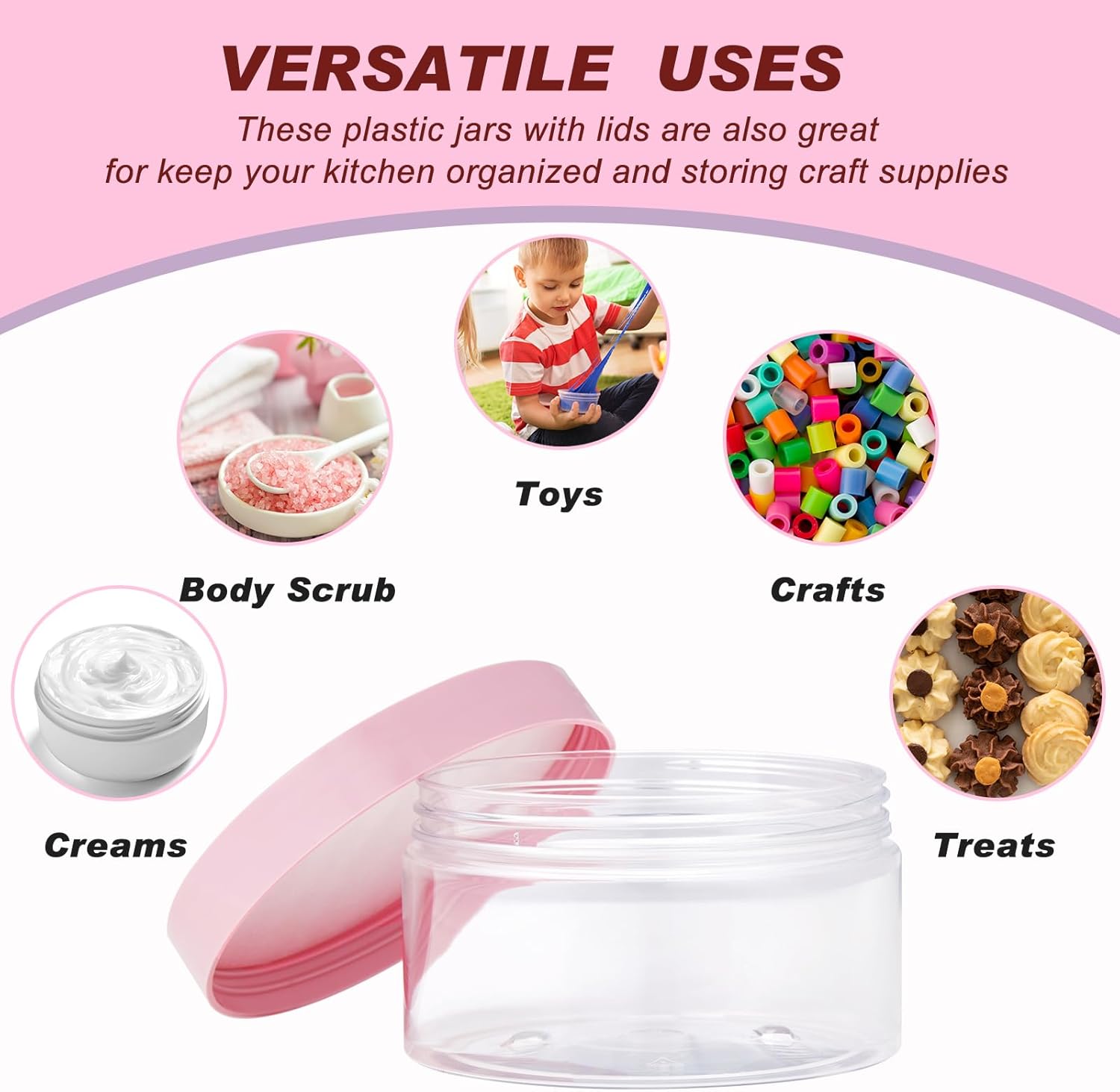 Dandat 72 Pcs 8 oz Plastic Jar Container with Lid and Label Refillable Empty Round Pink PET Cosmetic Sample Slime Containers for Lotion, Cream, Ointments, Body Butter, Makeup, Travel Storage
