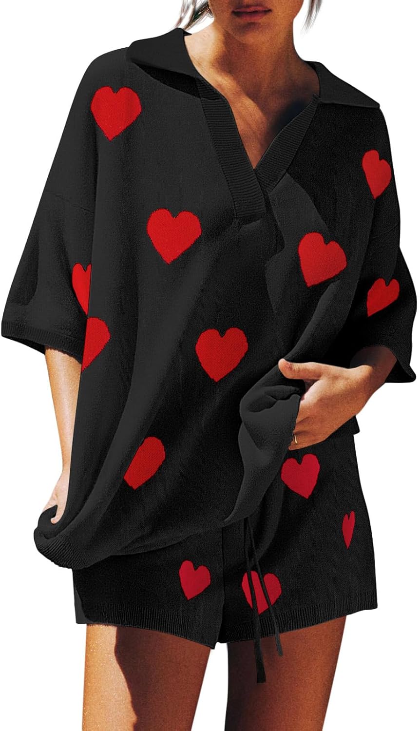 Tankaneo Womens Sweater Set 2 Piece Outfits Oversized 3/4 Sleeve V Neck Knit Tops High Waisted Shorts Lounge Sets