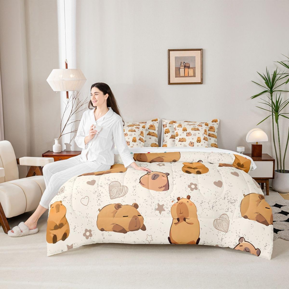 Erosebridal Kawaii Capybaras Queen Comforter Set with Sheets 7 piece Capybara Lover Bed In A Bag Cute Rodents Animals Print Bedding Sets For Kids Adults,Beige Khaki Capybara Love Heart Pattern Bed Set