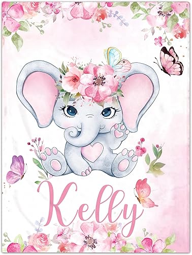 Hoomall Manta de bebé personalizada de 28 x 40 pulgadas, manta de texto personalizada de elefante rosa con nombre, manta de franela súper suave para
