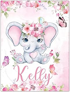 SearchI Personalised Baby Blanket, Custom Baby Blankets with Name for Boys Girls, Soft Customised Elephants Nursery Blanket for Newborn Toddler Baby Gifts for Birthday Baby Shower Christmas