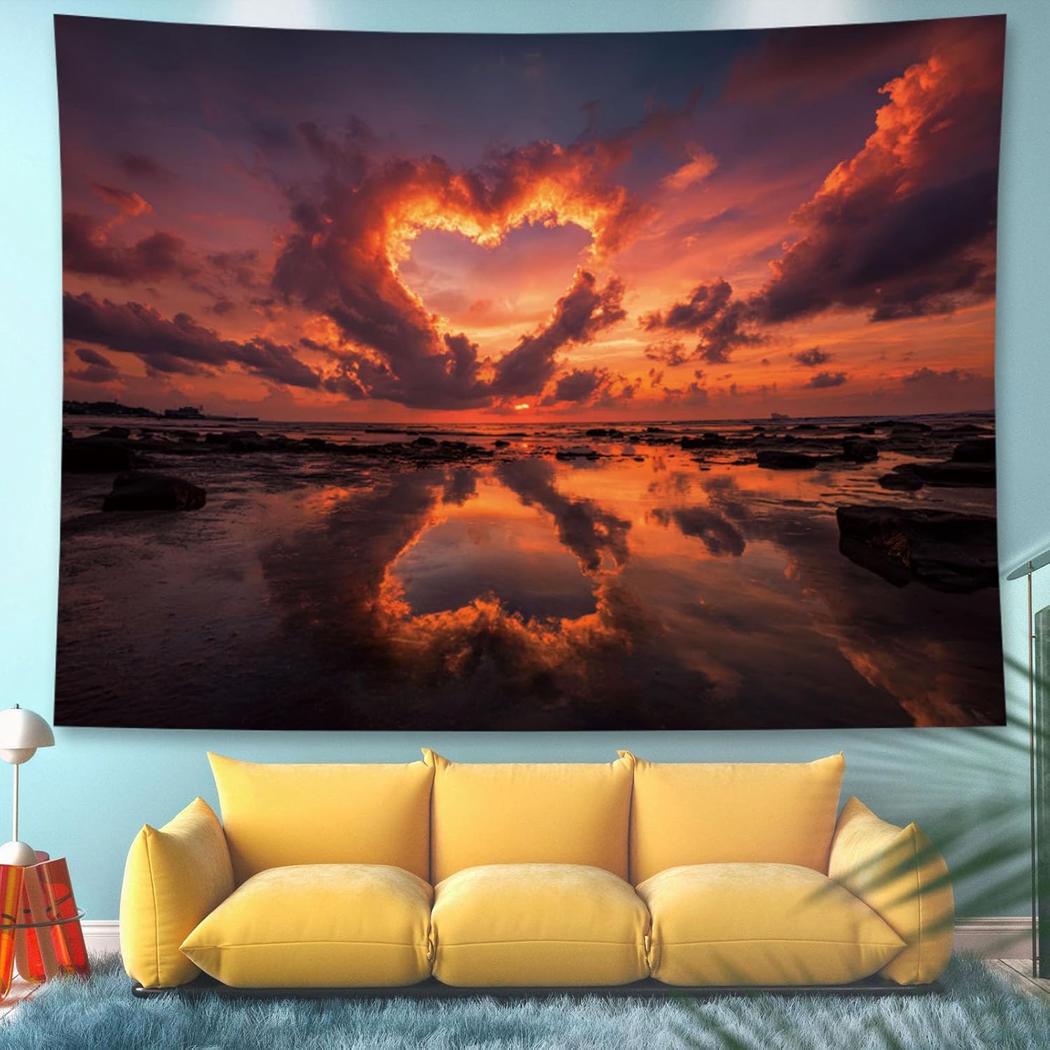 Liuzhouzai A Heart-Shaped Cloud Against the Beach Tapestry Pretty Twilight Wall Hanging Art Living Room Bedroom Bedhead Background Wall Decoration 80 x 60 Inches
