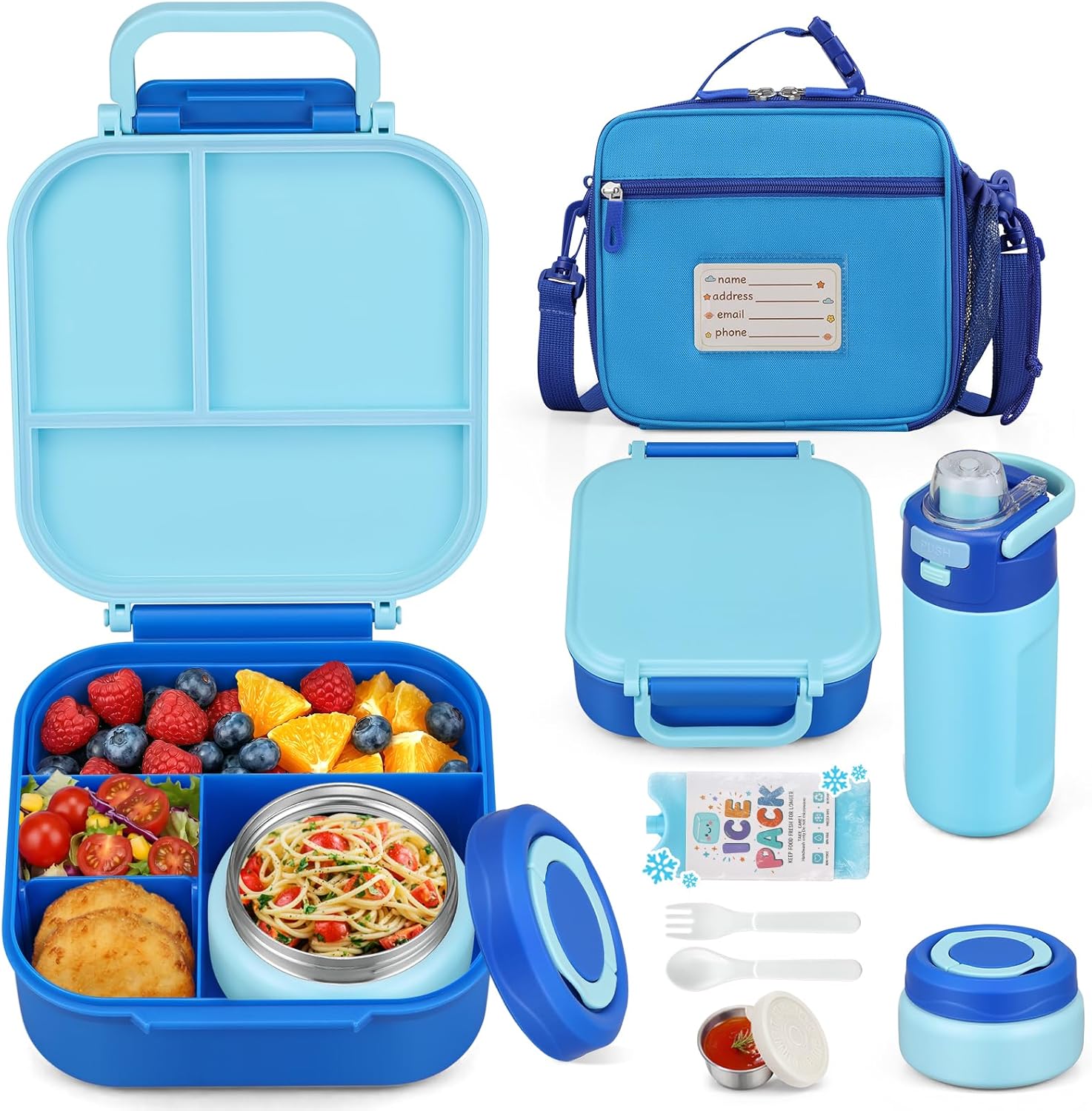 Itslife Bento Box for Kids Set, Insulated Food Container,Kids Lunch Box, 7 oz Thermos for Hot Food, 12 oz Thermos Water Bottle, Reusable Insulated Ice Bag & Fork Spoon Utensils Camping Travel Blue