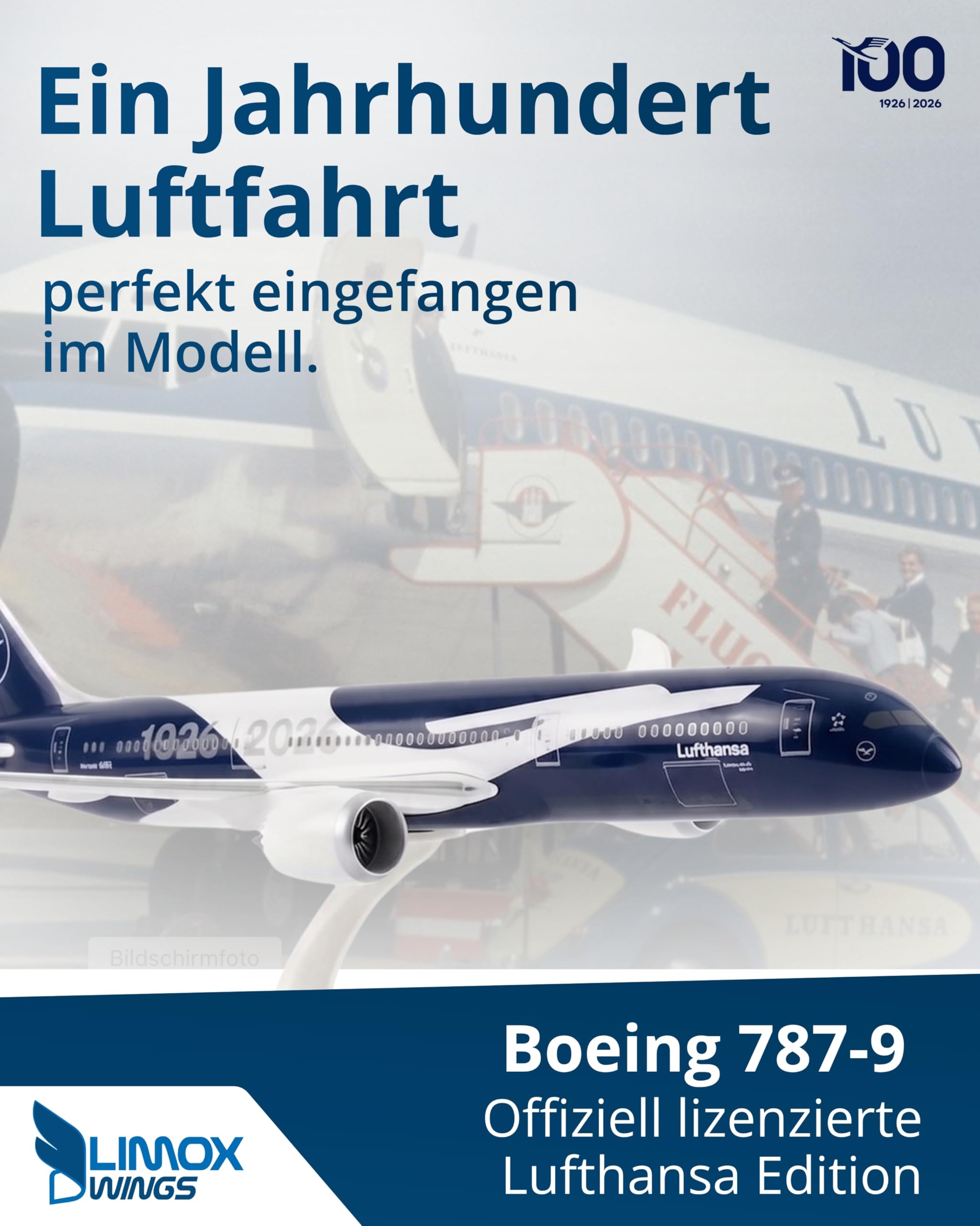 Limox Boeing 787-9 D-ABPU - 100 Jahre Lufthansa Jubiläumsedition I 1:200 Modellflugzeug mit Fahrwerk & Standfuß I Jubiläumsmodell I Limitiertes Flugzeugmodell für Sammler & Luftfahrtfans