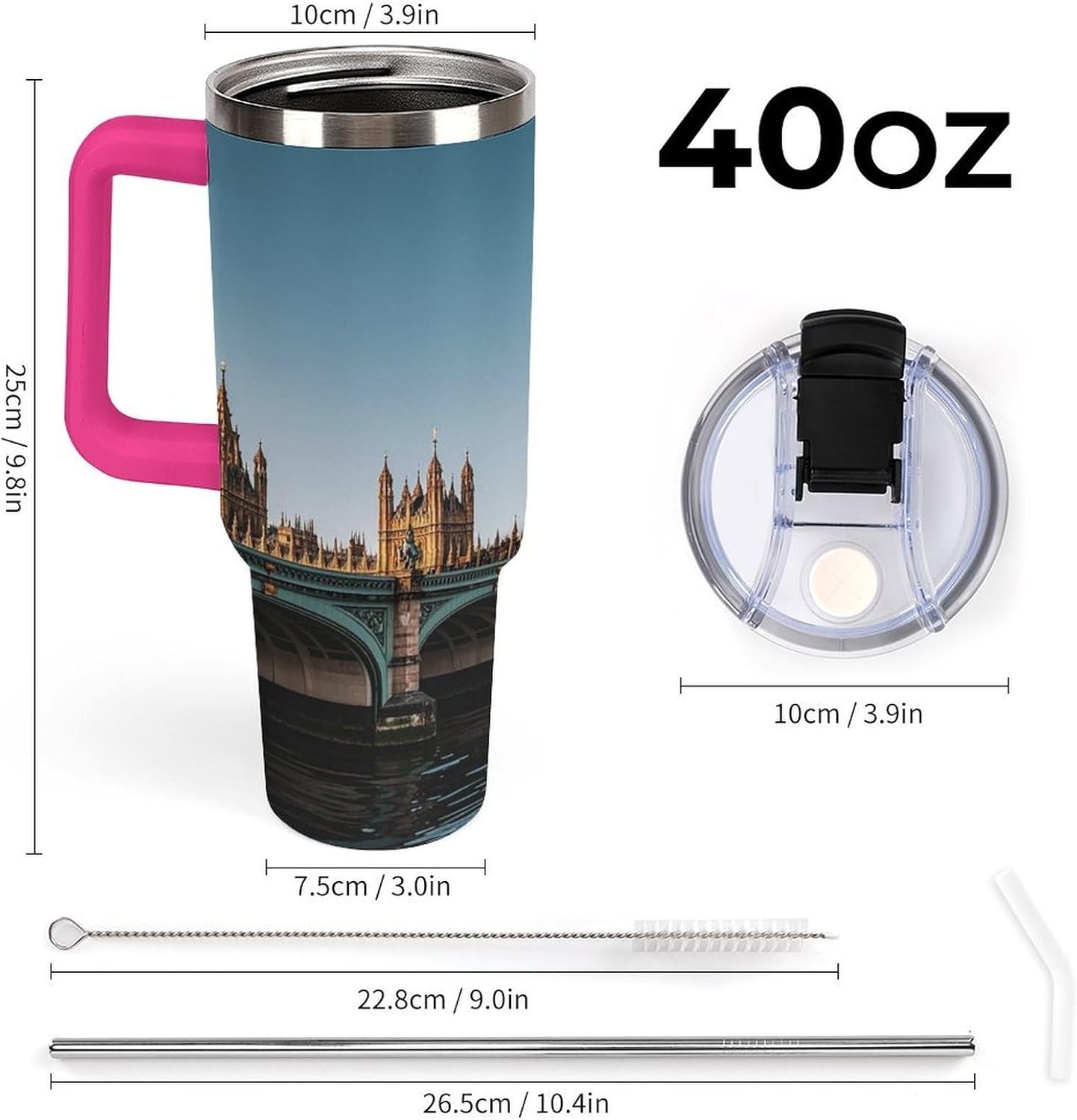 Big Ben And Houses of Parliament Riverside Travel Coffee Mug Reusable Durable Stainless Steel Insulated Tumbler with Handle And Straw Leak Resistant Portable Thermal Cup Gifts for Men Women 40 Oz