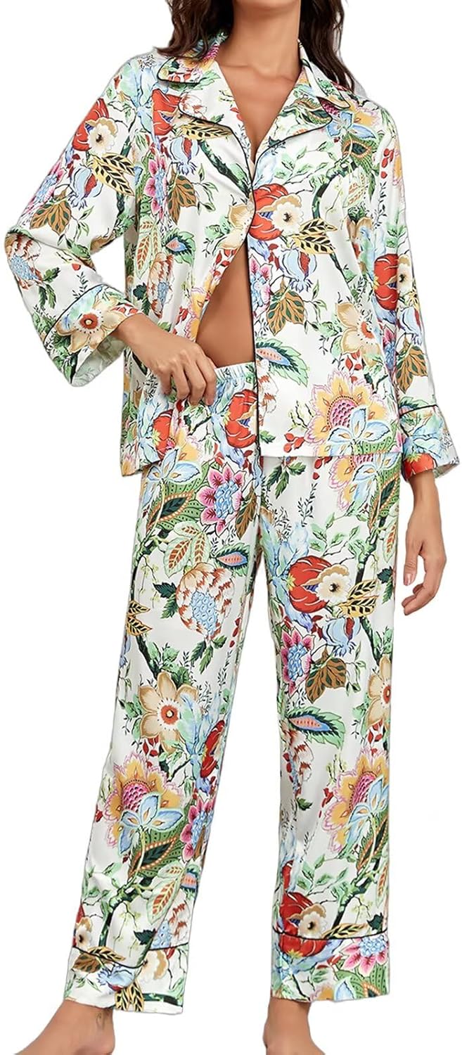 Brosloth Womens Silky Pajamas Floral Print Satin Pajama Set Long Sleeve Button Up Soft Sleepwear Cute Pj Sets