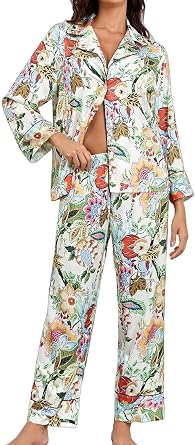 Brosloth Womens Silky Pajamas Floral Satin Long Sleeve Button Up Pajama Set | Button Down Comfy Fall Pjs, Flower Print 2 Pieces Loungewear Sets, Skin Friendly, Christmas Pjs, Travel Honeymoon Sleepwear