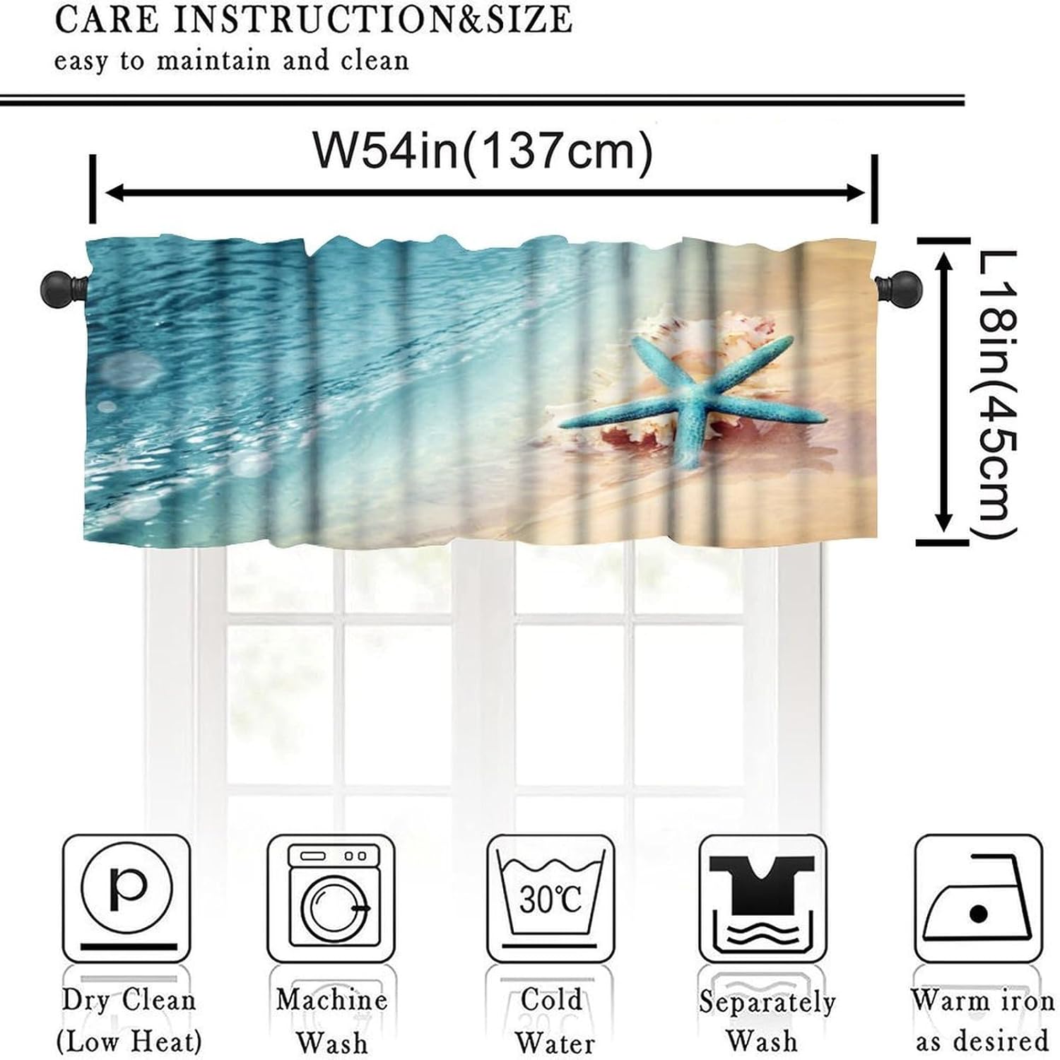 Starfish Kitchen Valance Curtain,Ocean Coastal Leisure Sunny Beach Blue Starfish Seashells Rod Pocket Window Valances Blackout Treatment Drapes for Bedroom Living Room Bathroom 54x 18 in - Image 3