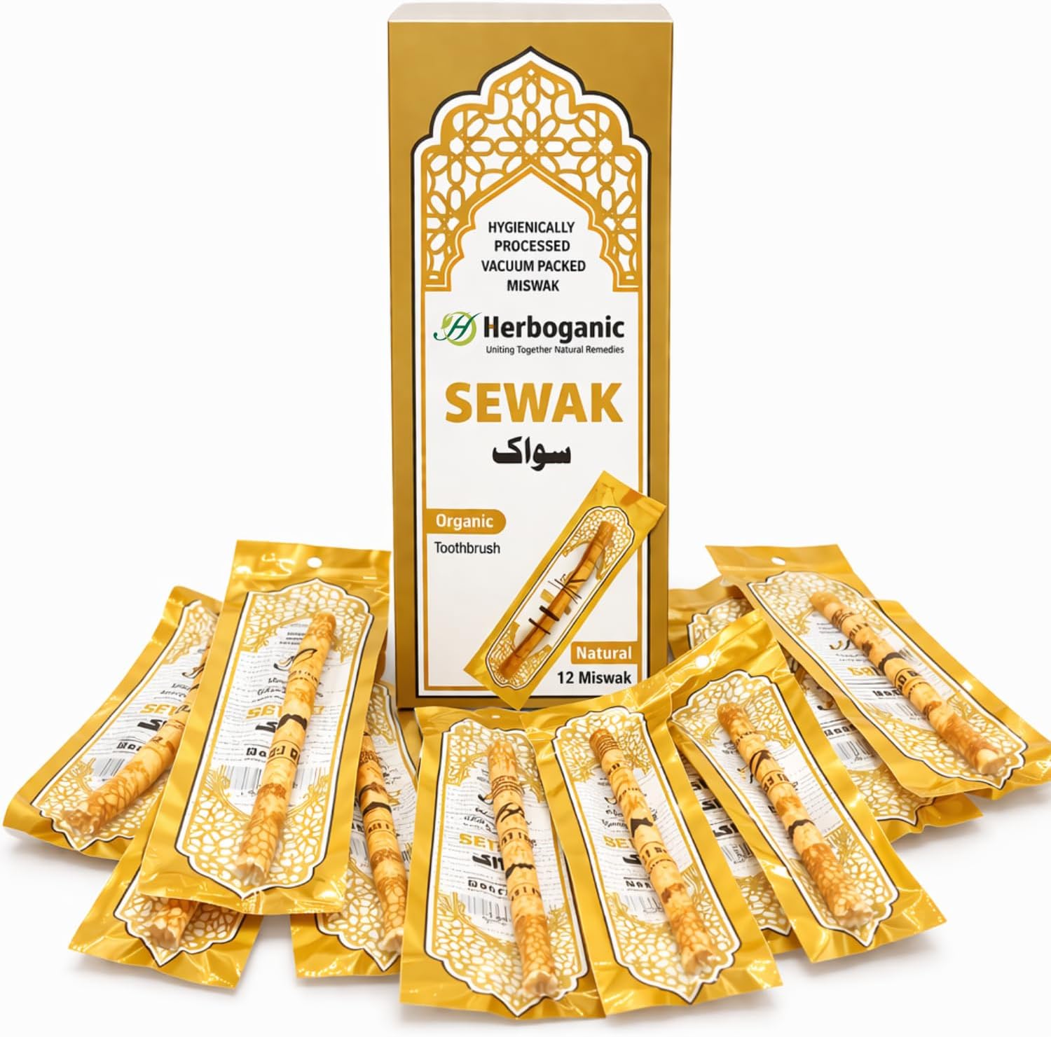 HERBOGANIC Natural Miswak, All Natural Traditional Tooth Brush for Oral Health, Hygiene, Fresh Breath, Light Weight, Vacuum Sealed (Pack of 12)