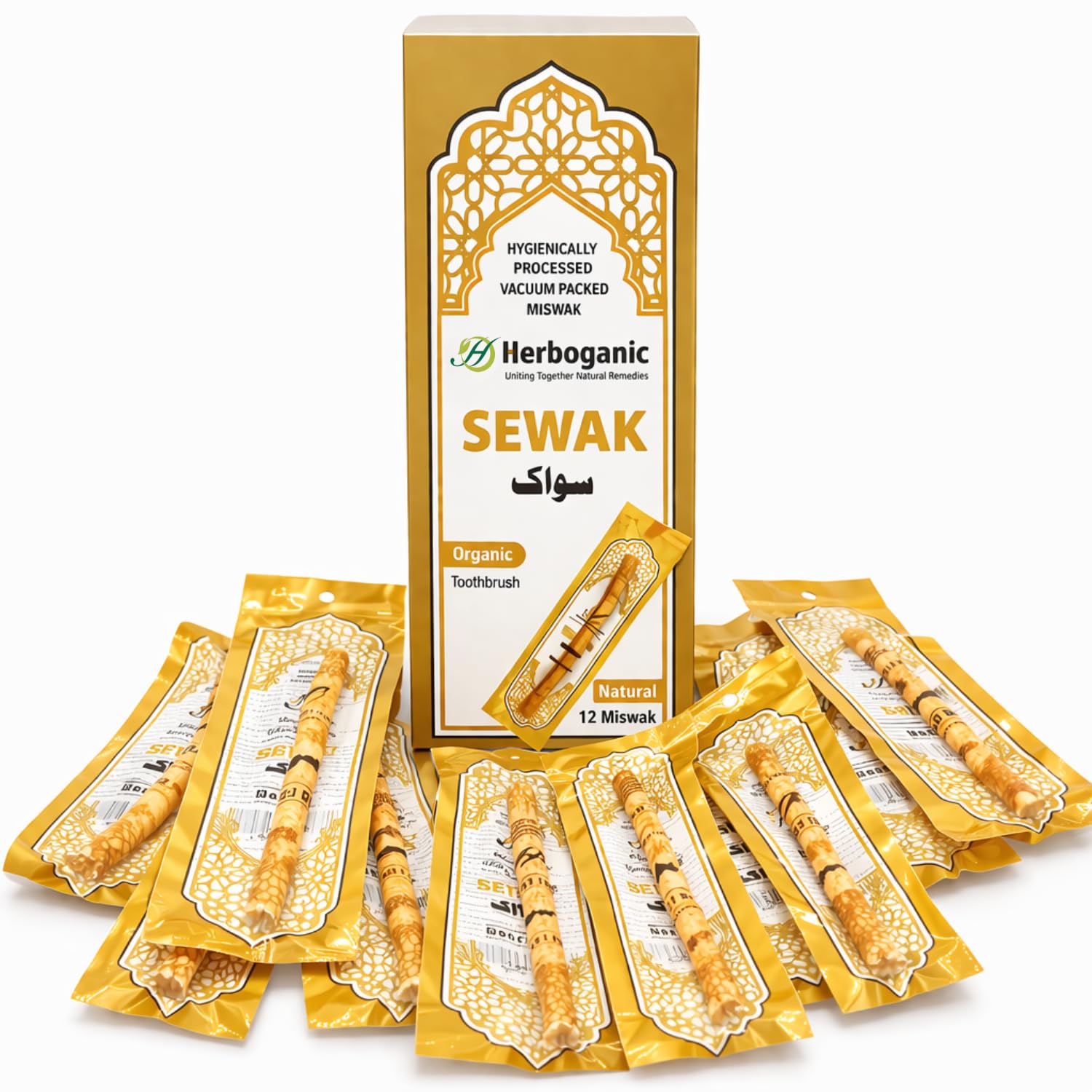 HERBOGANIC Natural Miswak, All Natural Traditional Tooth Brush for Oral Health, Hygiene, Fresh Breath, Light Weight, Vacuum Sealed (Pack of 12)