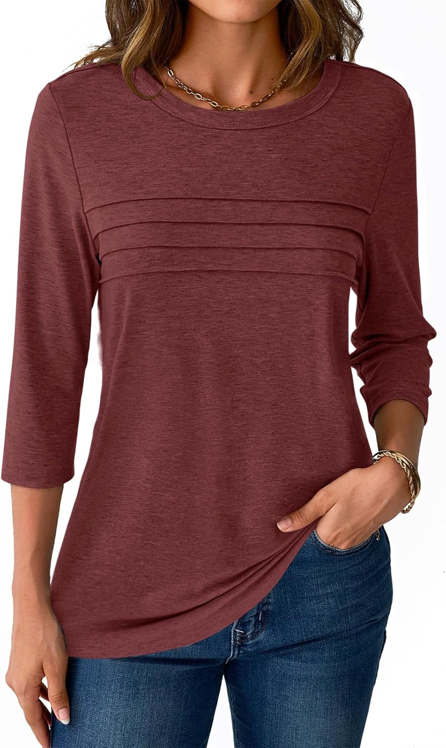 NORACORA Women's 3/4 Length Sleeve Tops Lightweight Crew Neck Dressy Pleated Tunic T Shirts Casual Summer Blouses 2025 - Image 4