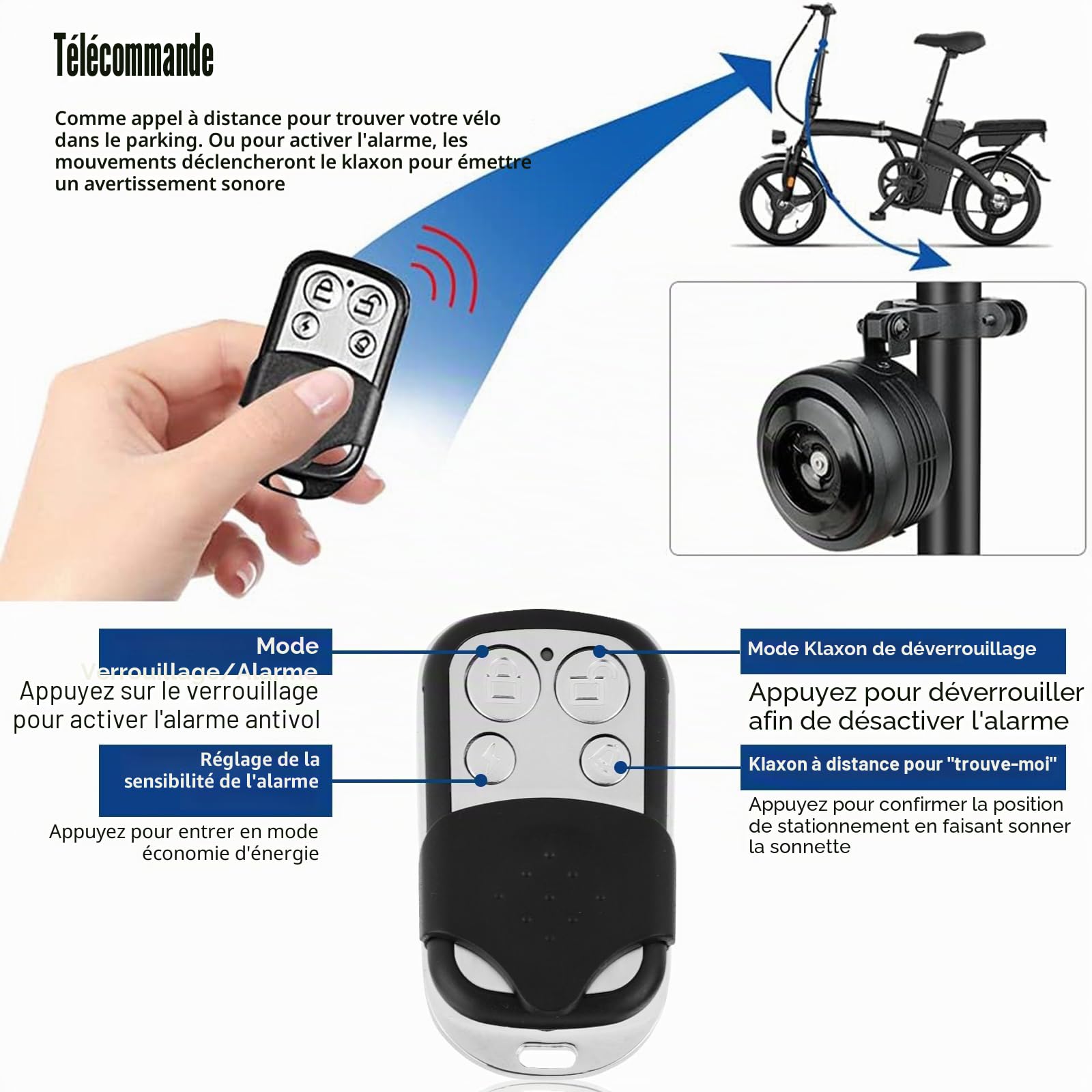 Sonnette de vélo électrique étanche avec télécommande, Alarme Anti-vol, Vibration avec Fonction USB Rechargeable pour VTT, vélo de Route, Scooter, etc