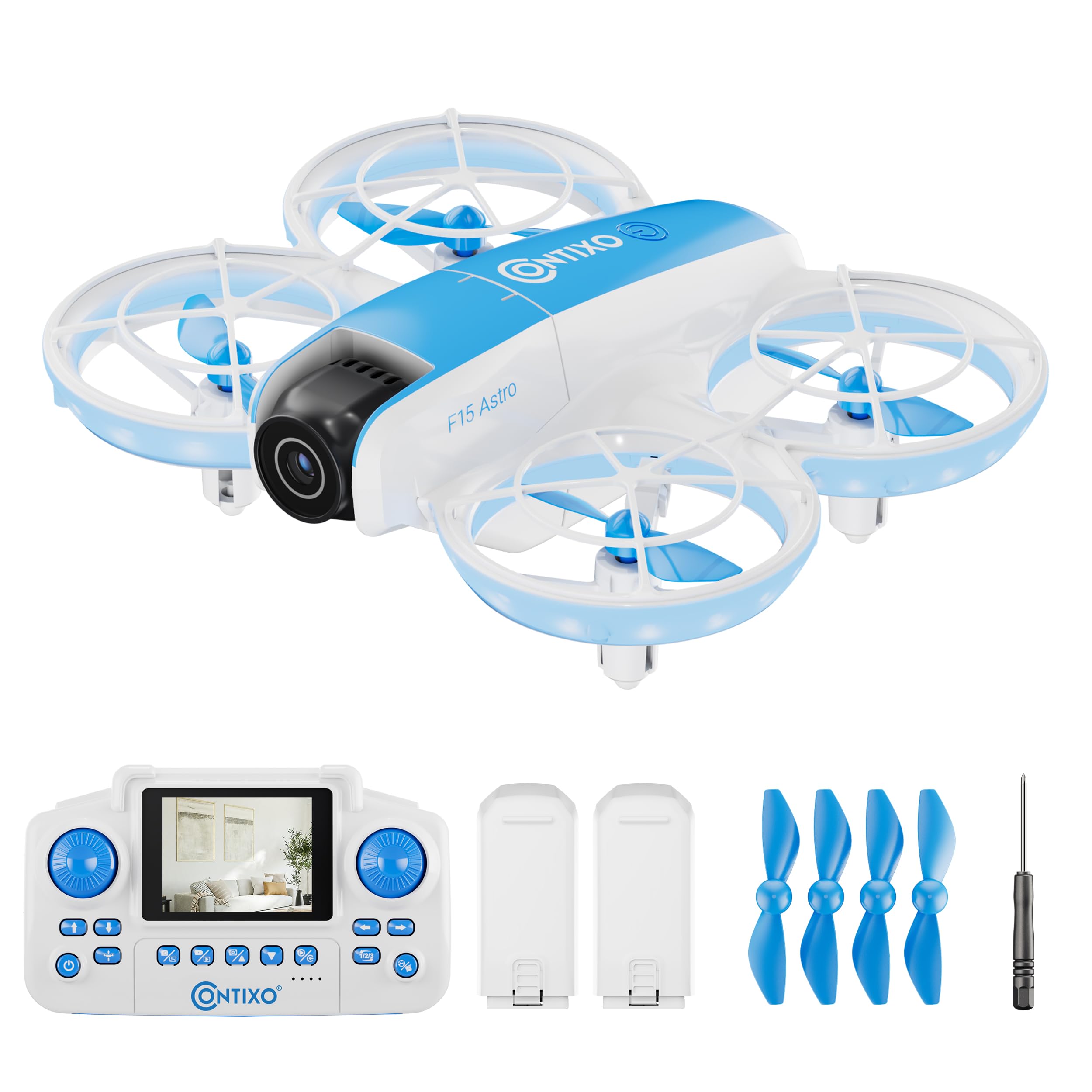 Contixo F15 Astro Mini Drone in flight with blue LED lights
