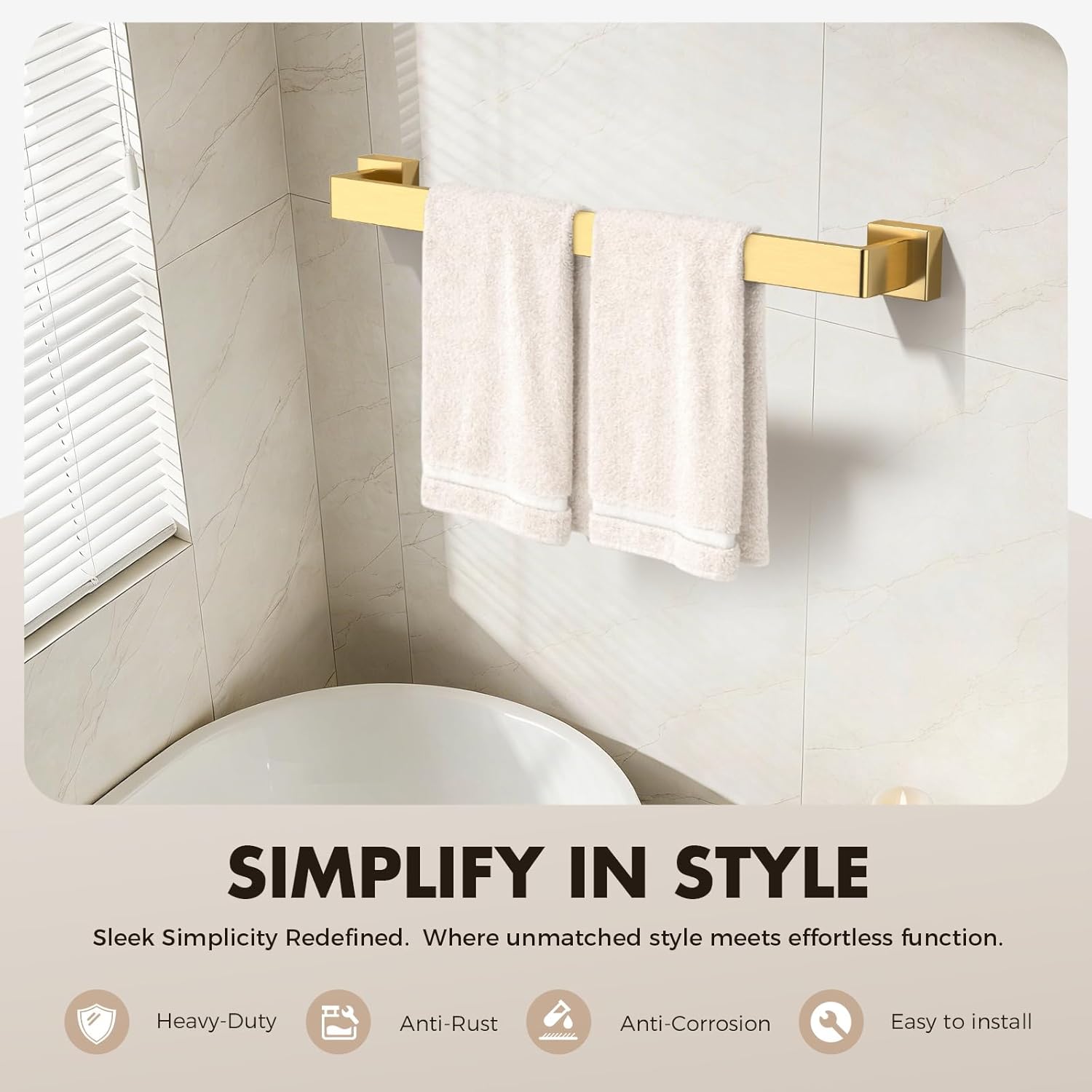 Bathroom Accessory Towel Bar Set: 5 Pieces Gold Bathroom Hardware Square SUS304 Stainless Steel - 24 Inch Wall Mounted Towel Rack&Toilet Paper Holder&Towel Ring and Towel Hook