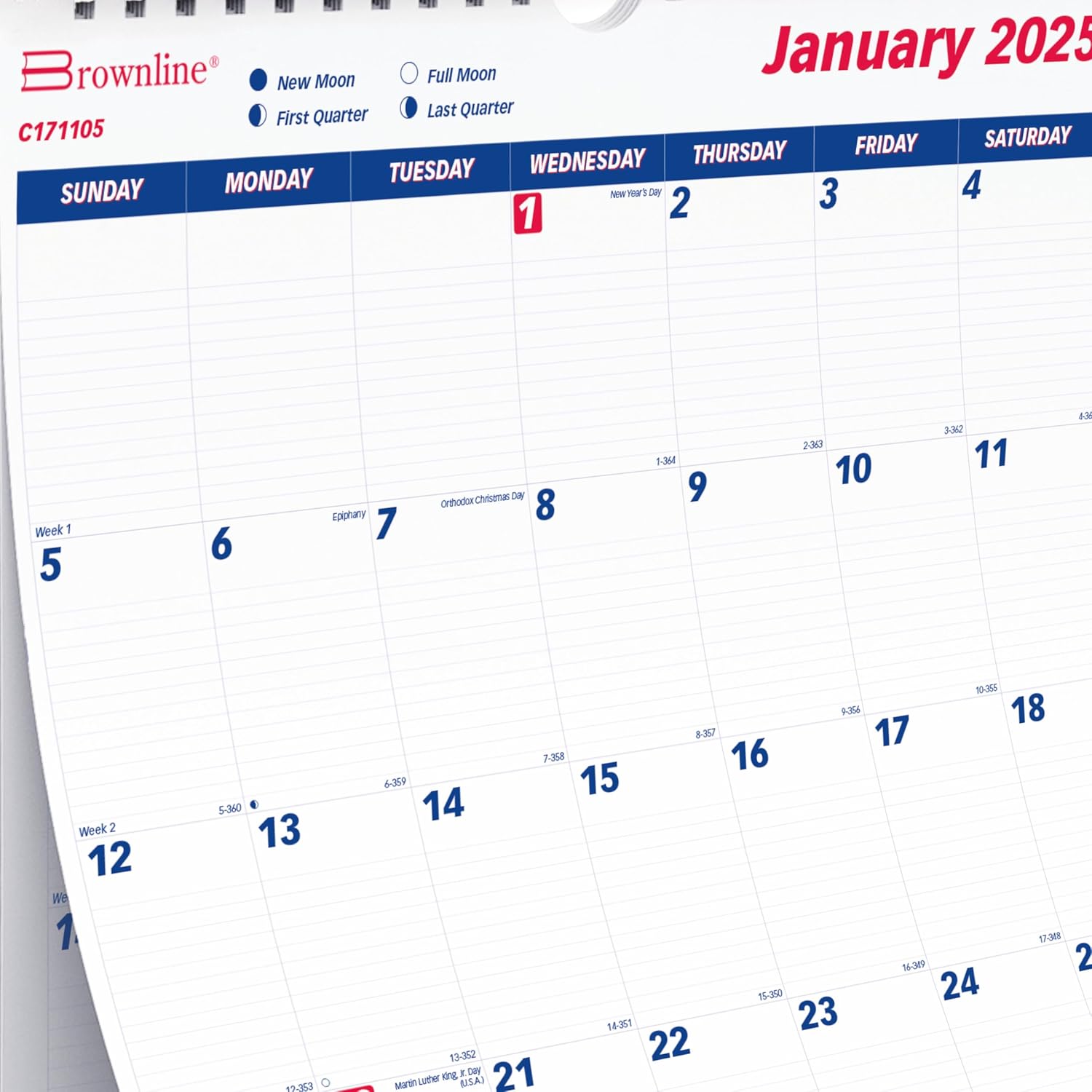 Brownline® 2025 Monthly Wall Calendar, 12 Months, January to December, Twin-Wire Binding, 20" x 30" (C171105-25)