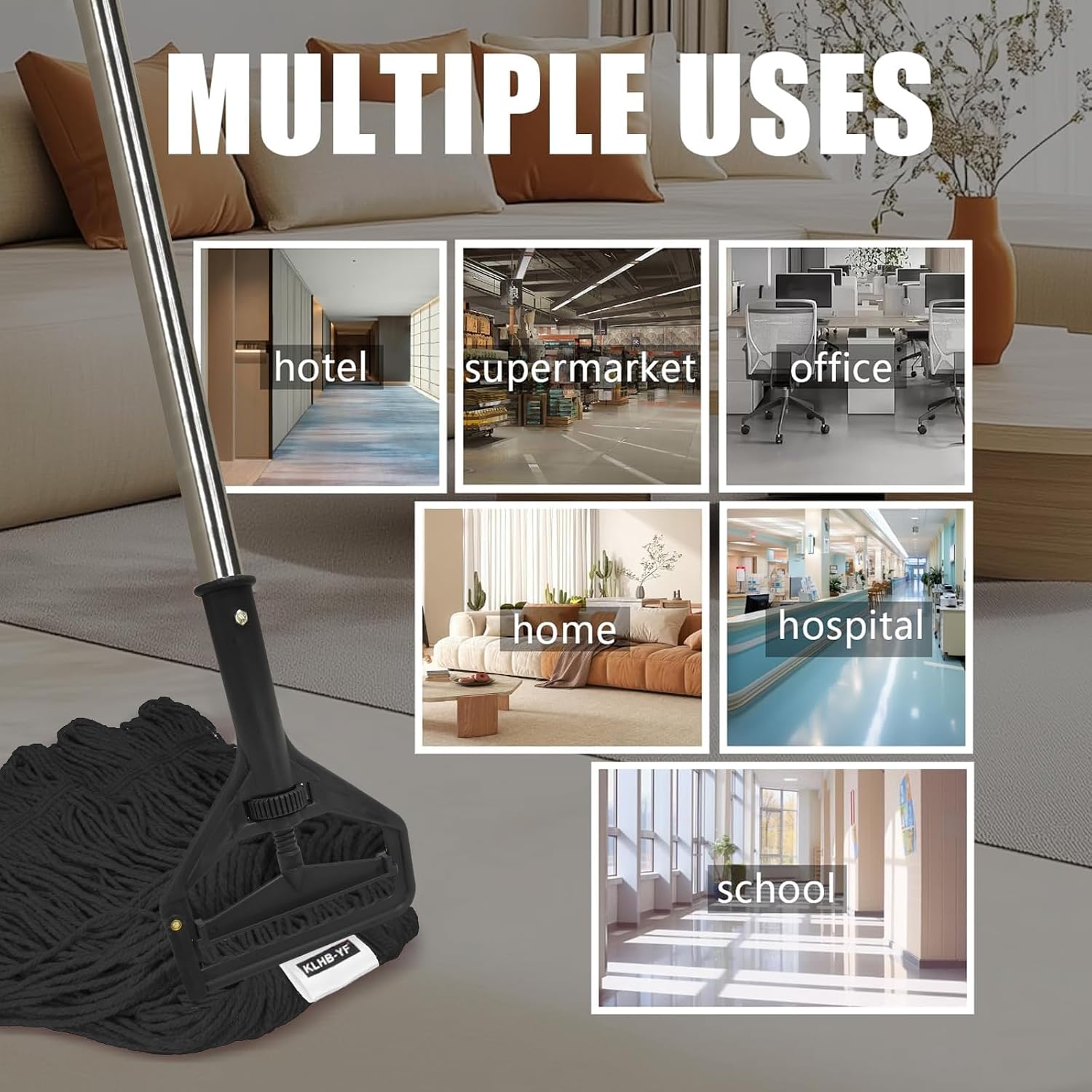 Commercial Mop Handle Heavy Duty 59" Industrial Mop Stick Adjustable Length Wet Mops Head Replacement Holder for Professional/Industrial Floor Cleaning (Black)