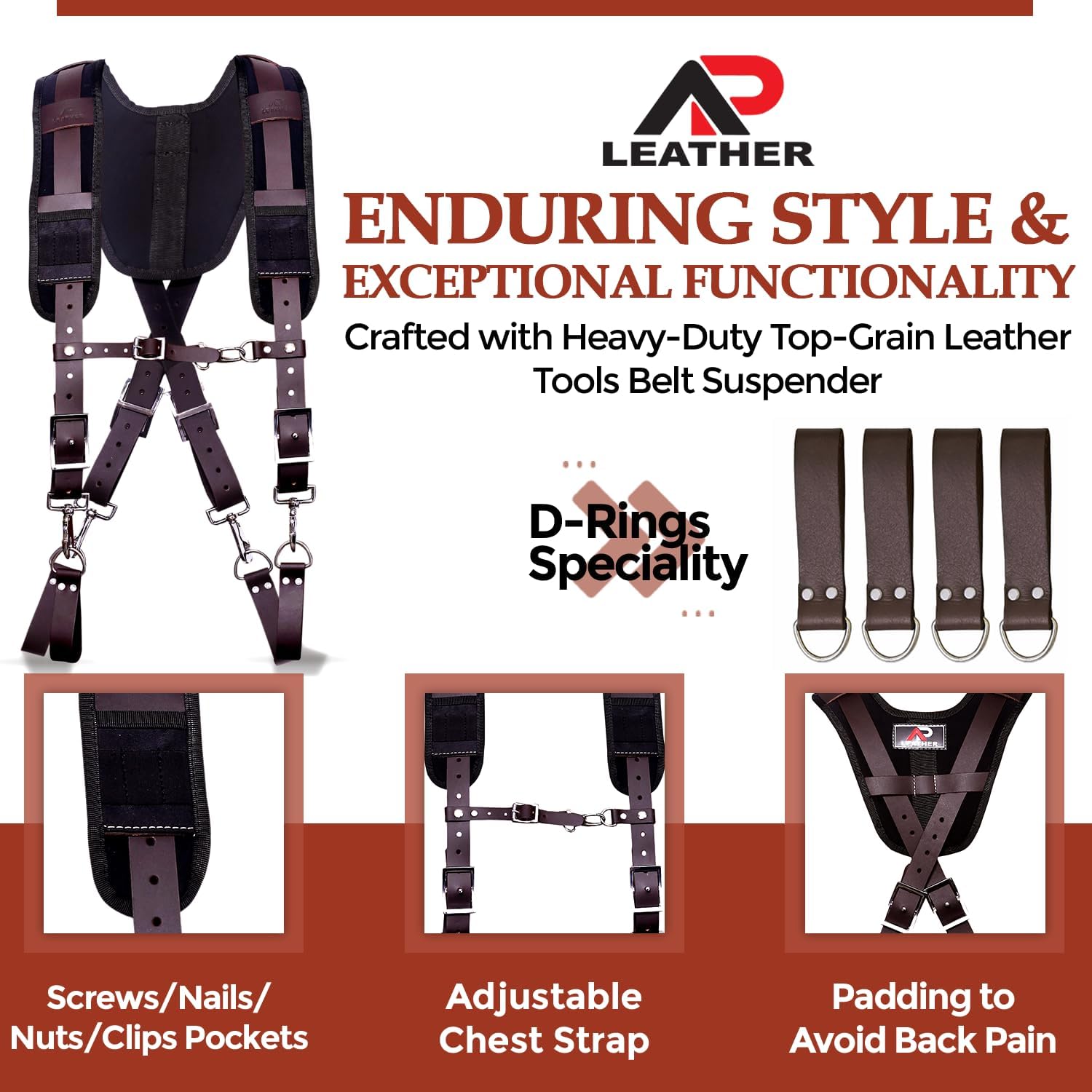 PRO-01 Leather Tool Belts for mens, Tool Belt with Suspenders, Comfort Back Support with stainless steel Buckle for Construction, Framers (Chocolate Padding, Extra Large)