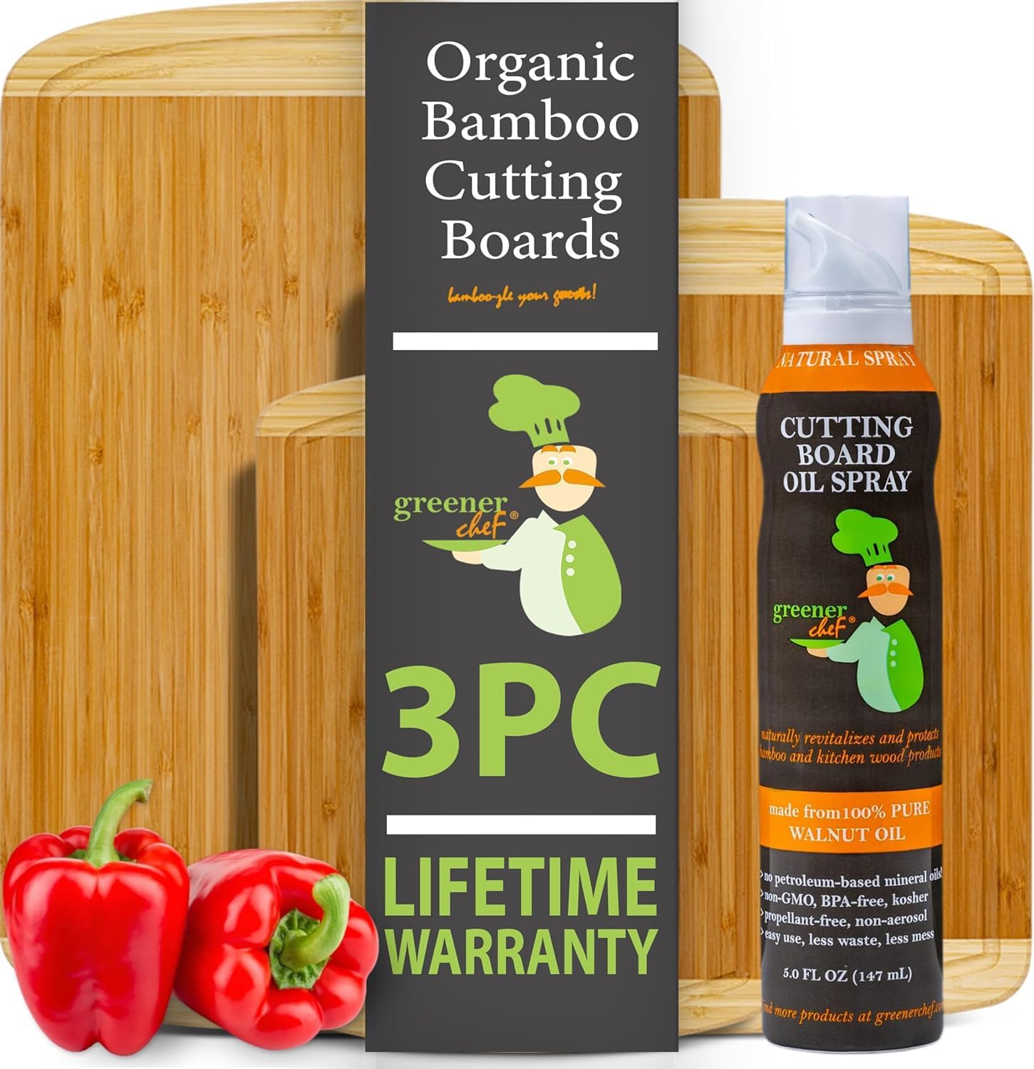 Wood Bamboo Cutting Board - Set of 3 - and Food Grade Oil Spray by Greener Chef