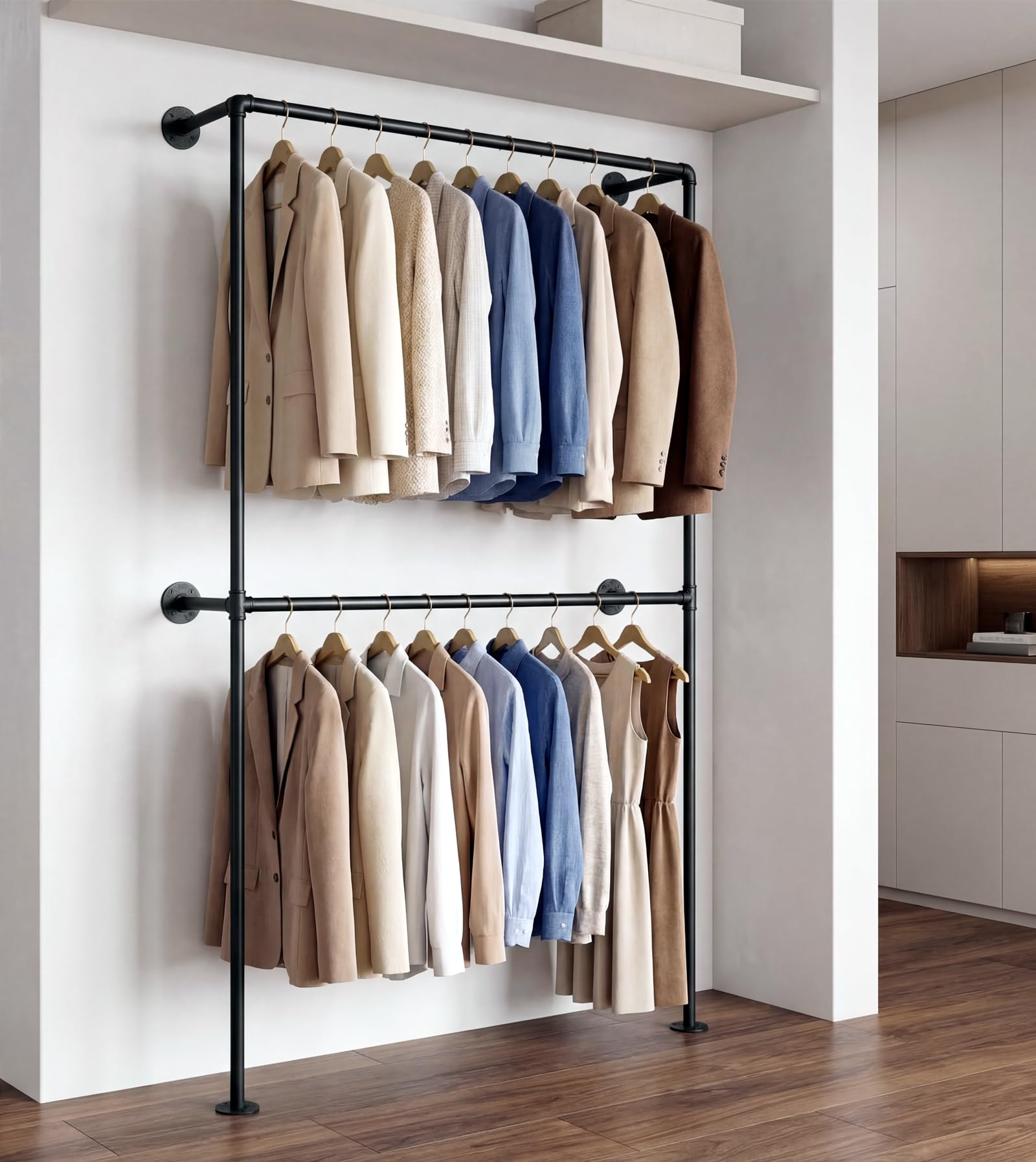 WTPLWD Industrial Pipe Clothing Racks with 5 Shelves, Wall Mounted Clothes Rack for Hanging Clothes, Black Wall Clothing Rack, Heavy Duty Clothes Rack for Walk in Closet, Laundry Room