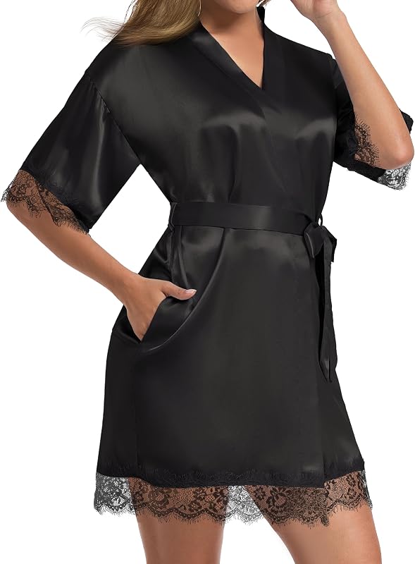 Women's Lace Trim Kimono Robe Bride Bridesmaids Wedding Shower Satin Short Robe Bridal Party Nightgown